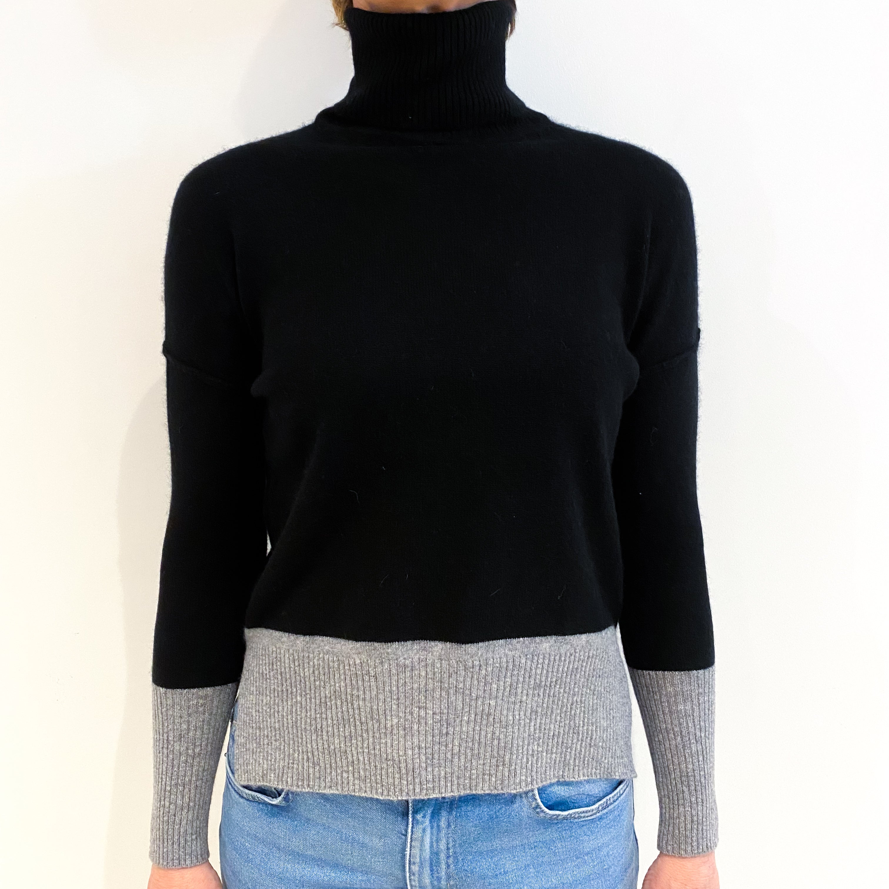 Black And Grey Cashmere Polo Neck Jumper Small