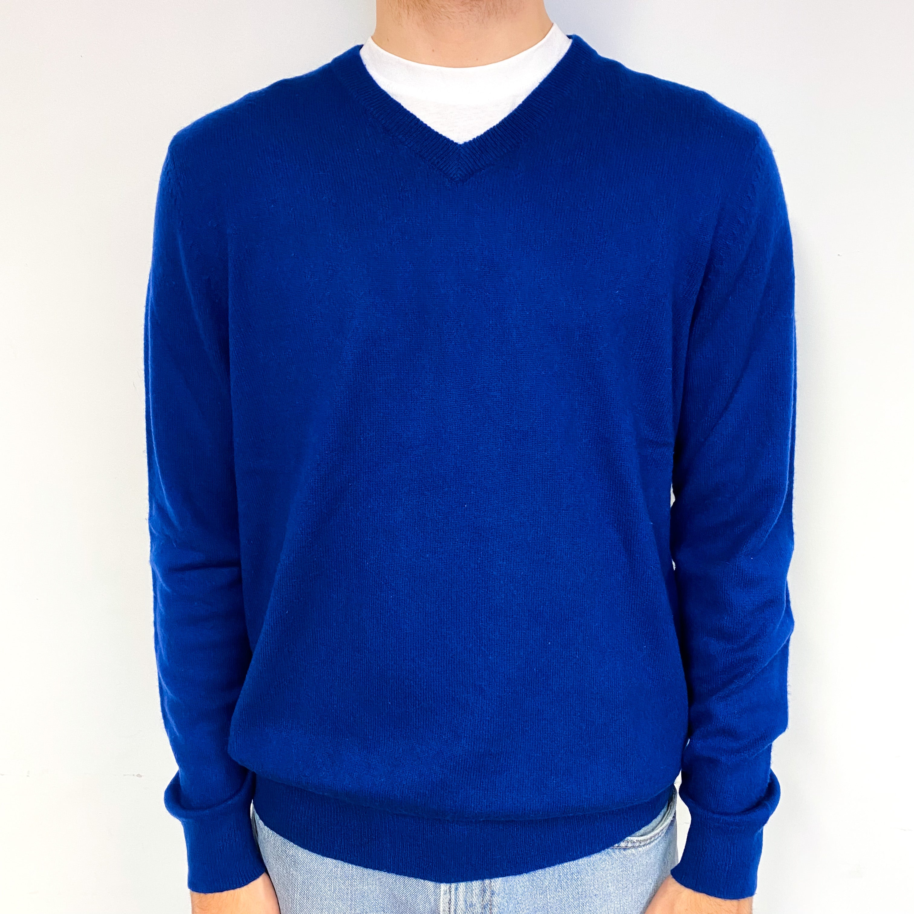 Men's Admiral Blue Cashmere V-Neck Jumper Large