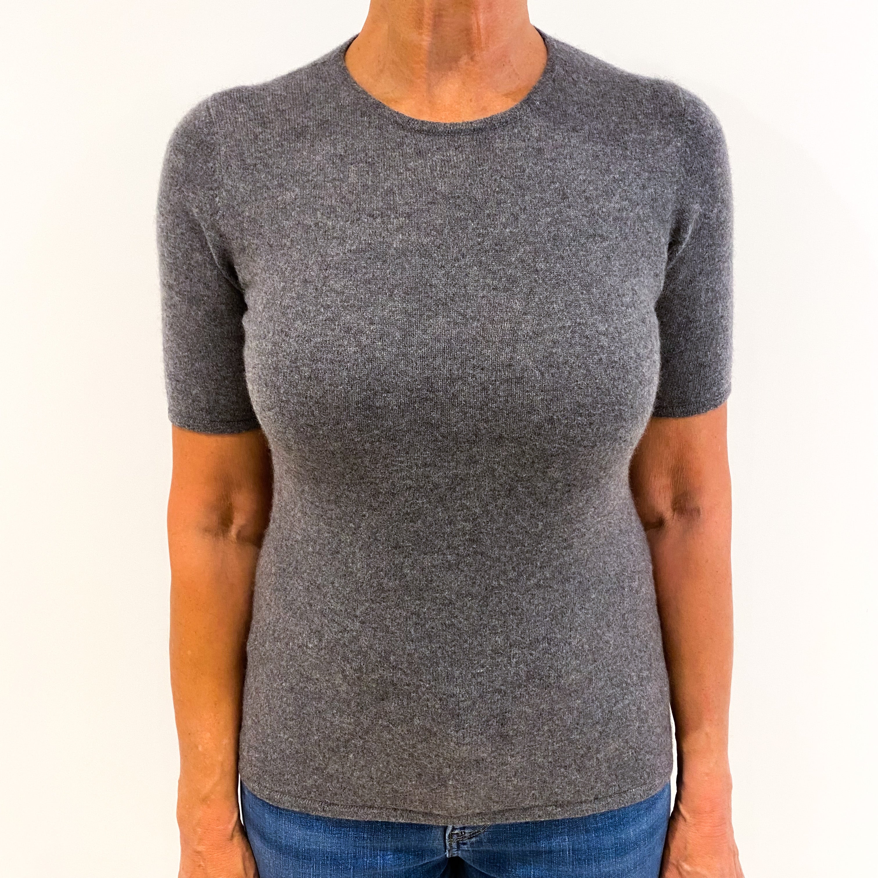 Slate Grey Cashmere Short Sleeved Crew Neck Jumper Medium