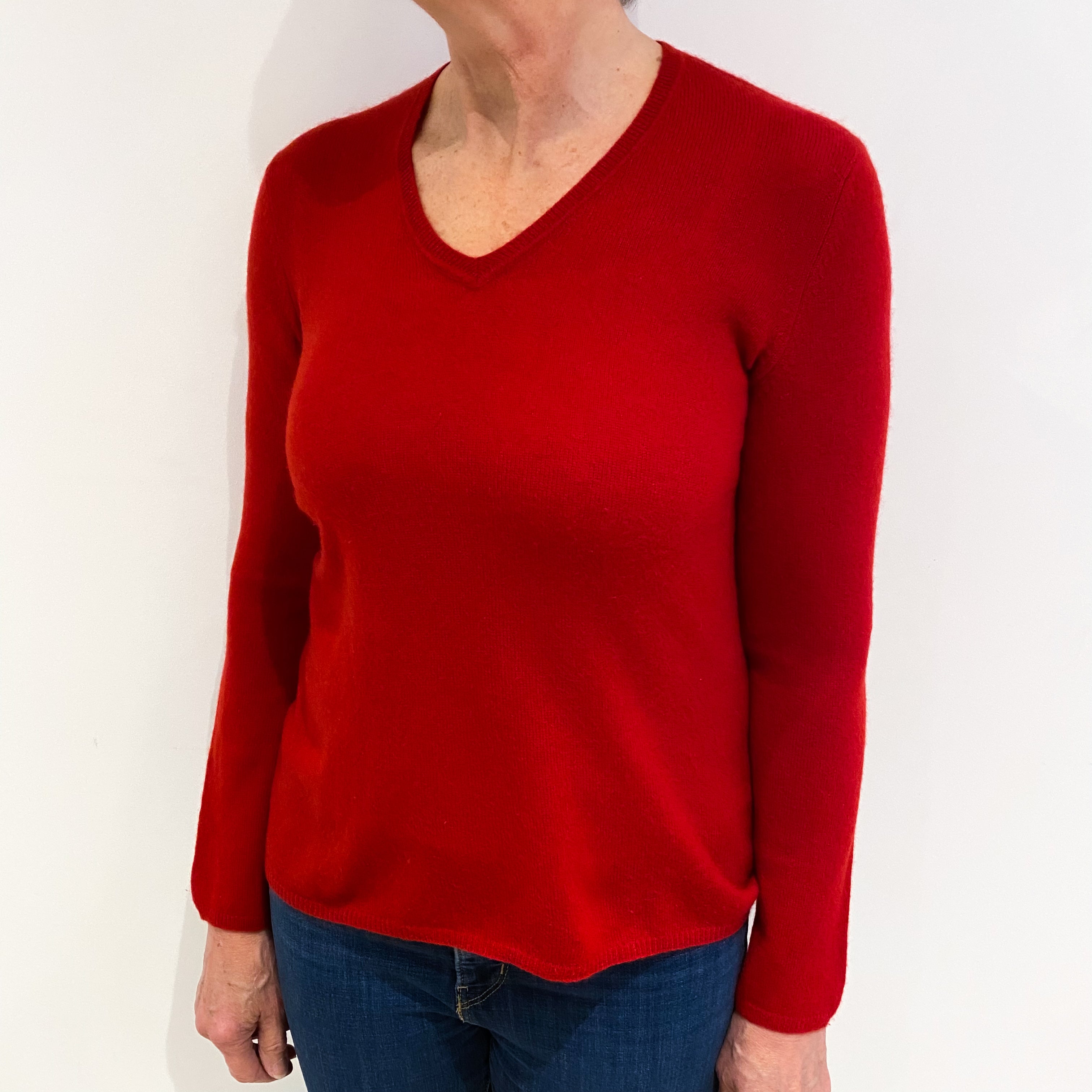 Scarlet Red Cashmere V Neck Jumper Medium