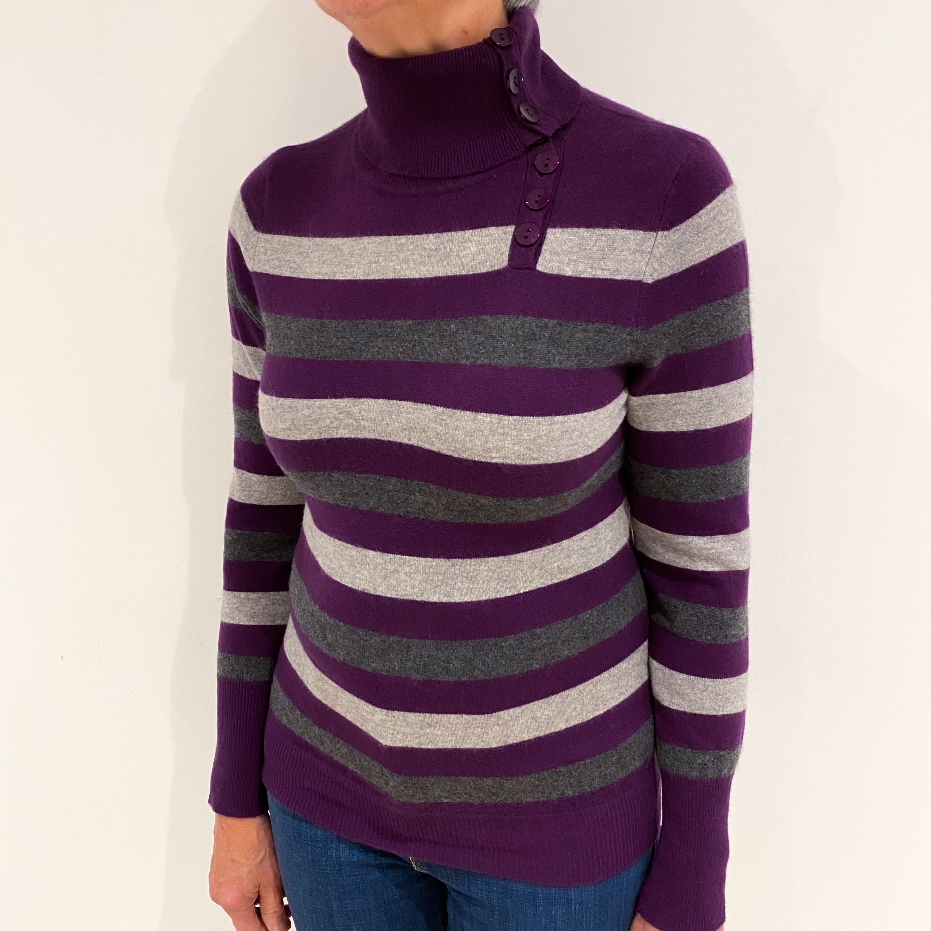 Striped Plum Slate and Smoke Grey Cashmere Polo Neck Jumper Medium