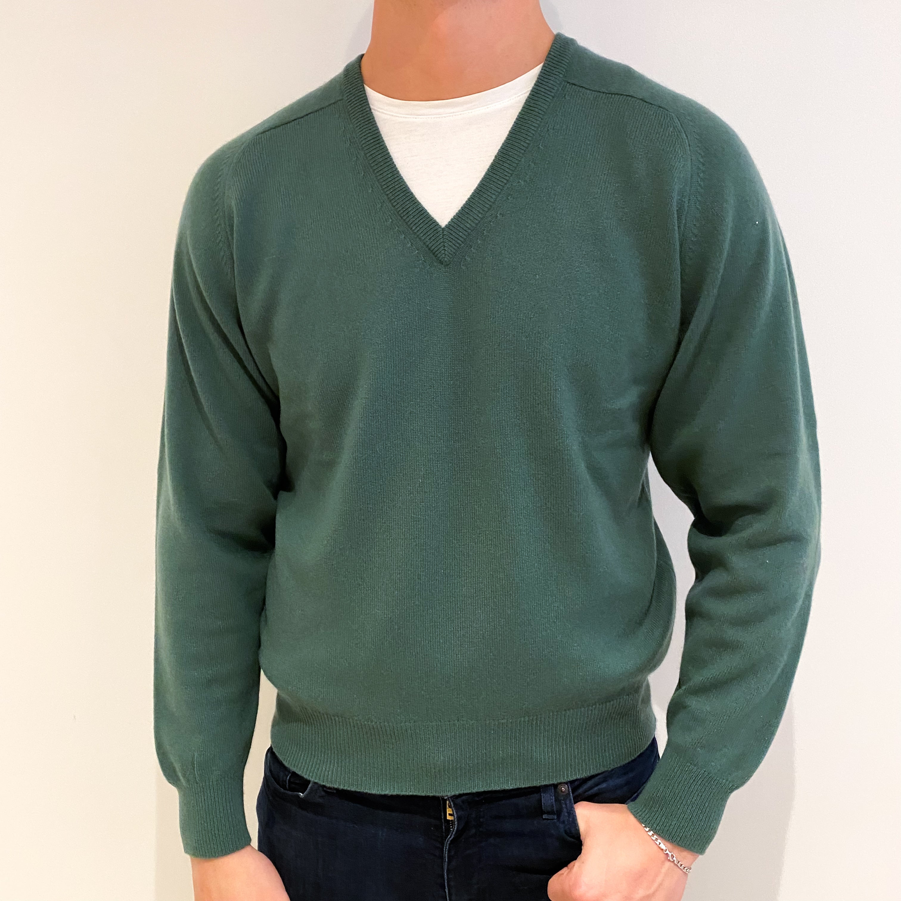 Men's Viridian Green Cashmere V Neck Jumper XL