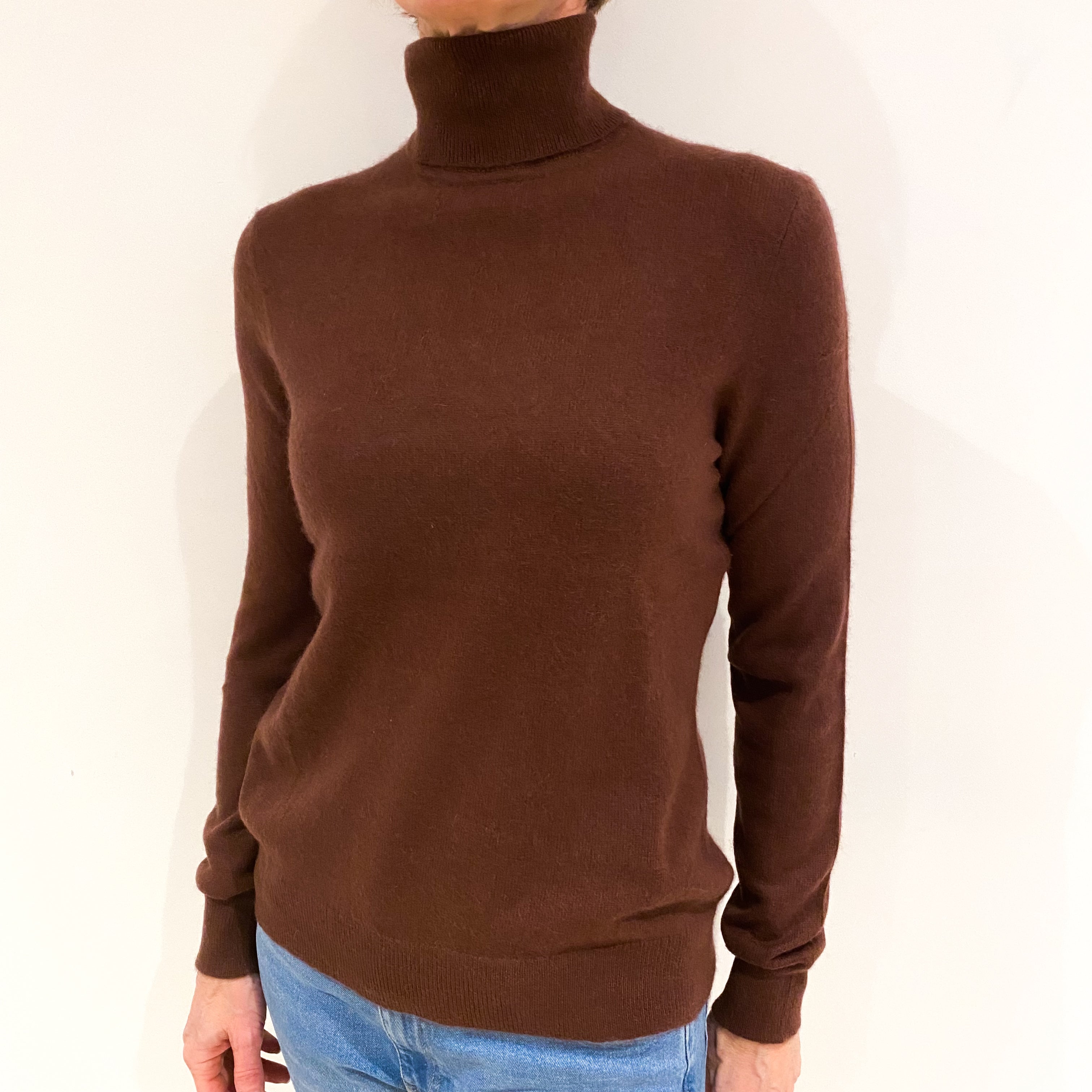 Umber Brown Cashmere Polo Neck Jumper Small