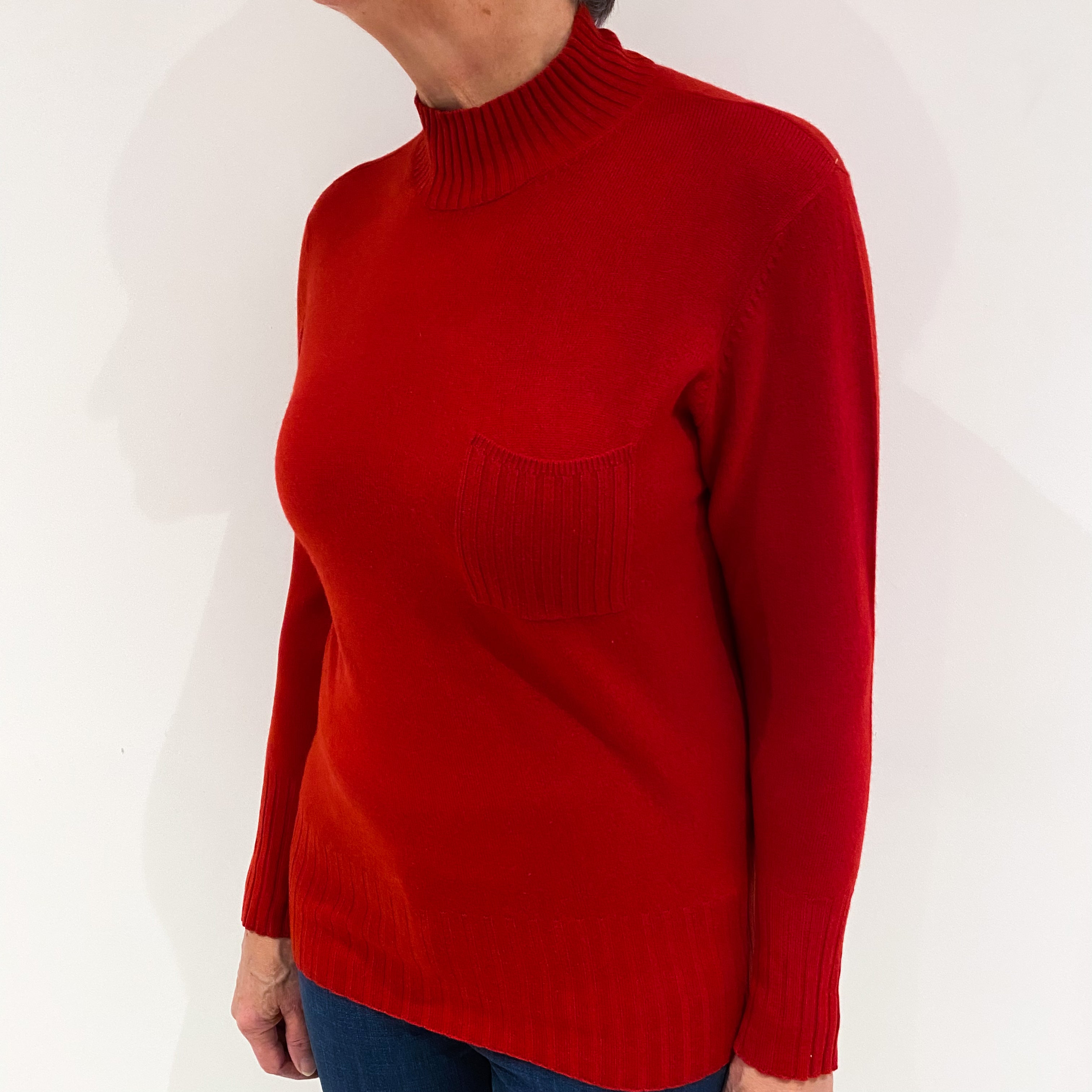 Post Box Red Cashmere Turtle Neck Jumper with Chest Pocket Medium