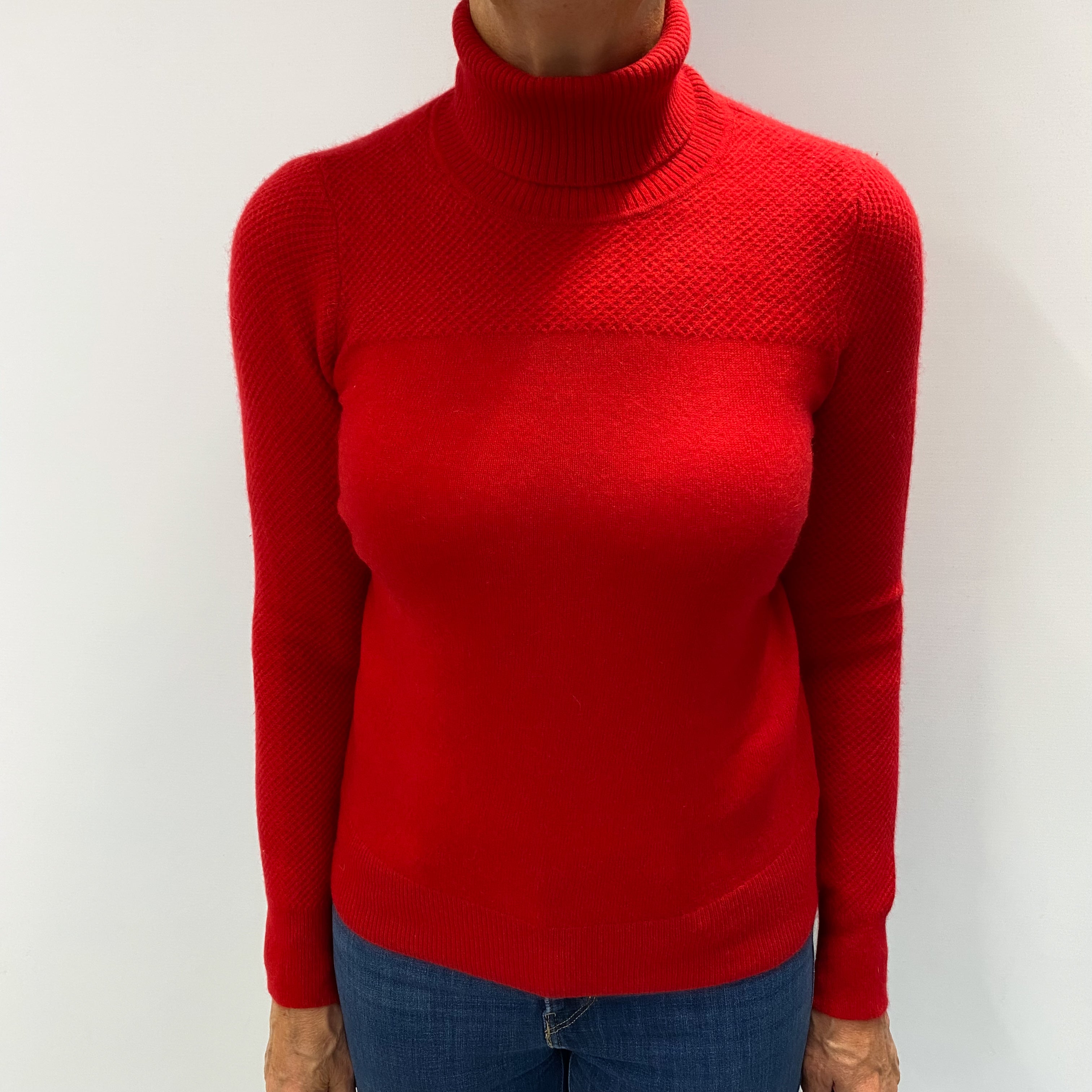 Vermillion Red Cashmere Textured Polo Neck Jumper Medium