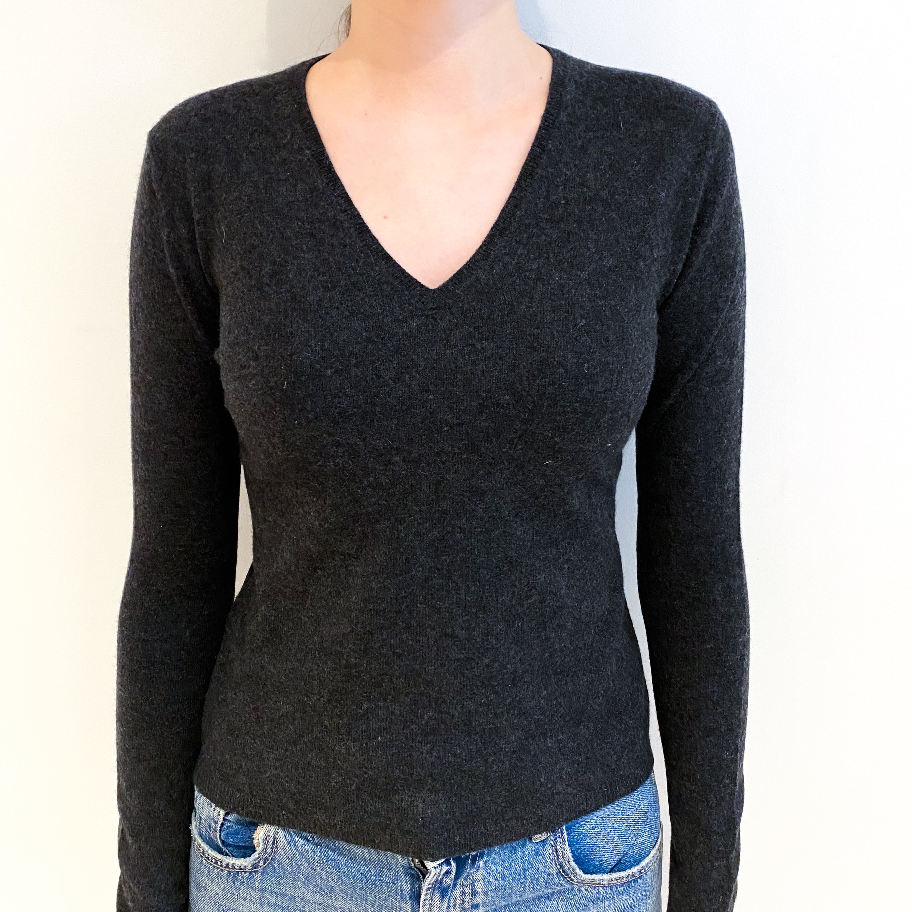 Charcoal Grey Cashmere V Neck Jumper Extra Small