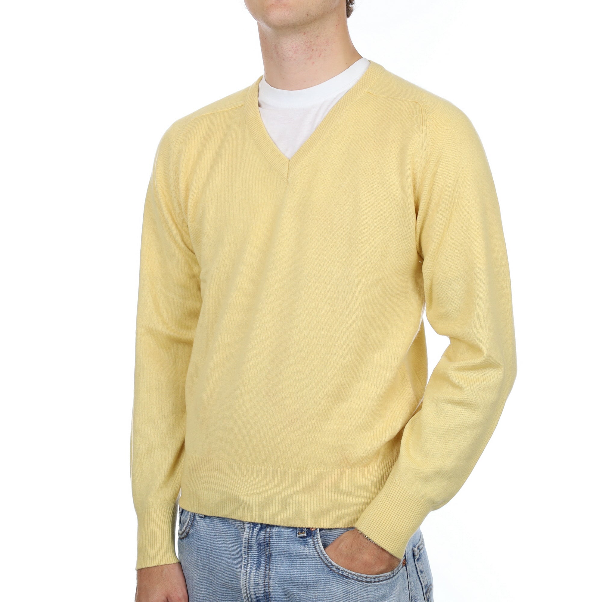 Men's Custard Yellow Cashmere V Neck Jumper Medium