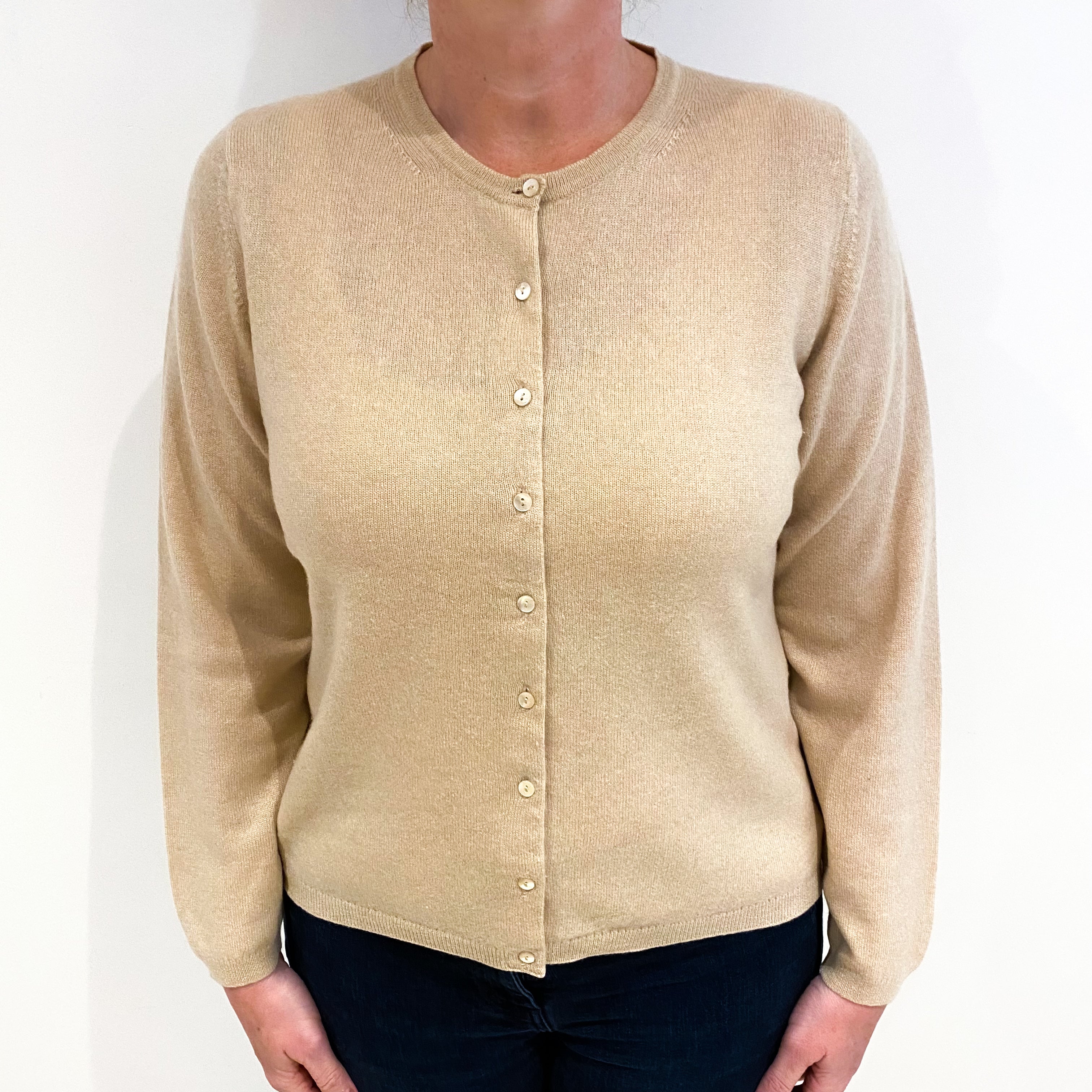 Sand Beige Cashmere Crew Neck Cardigan Large