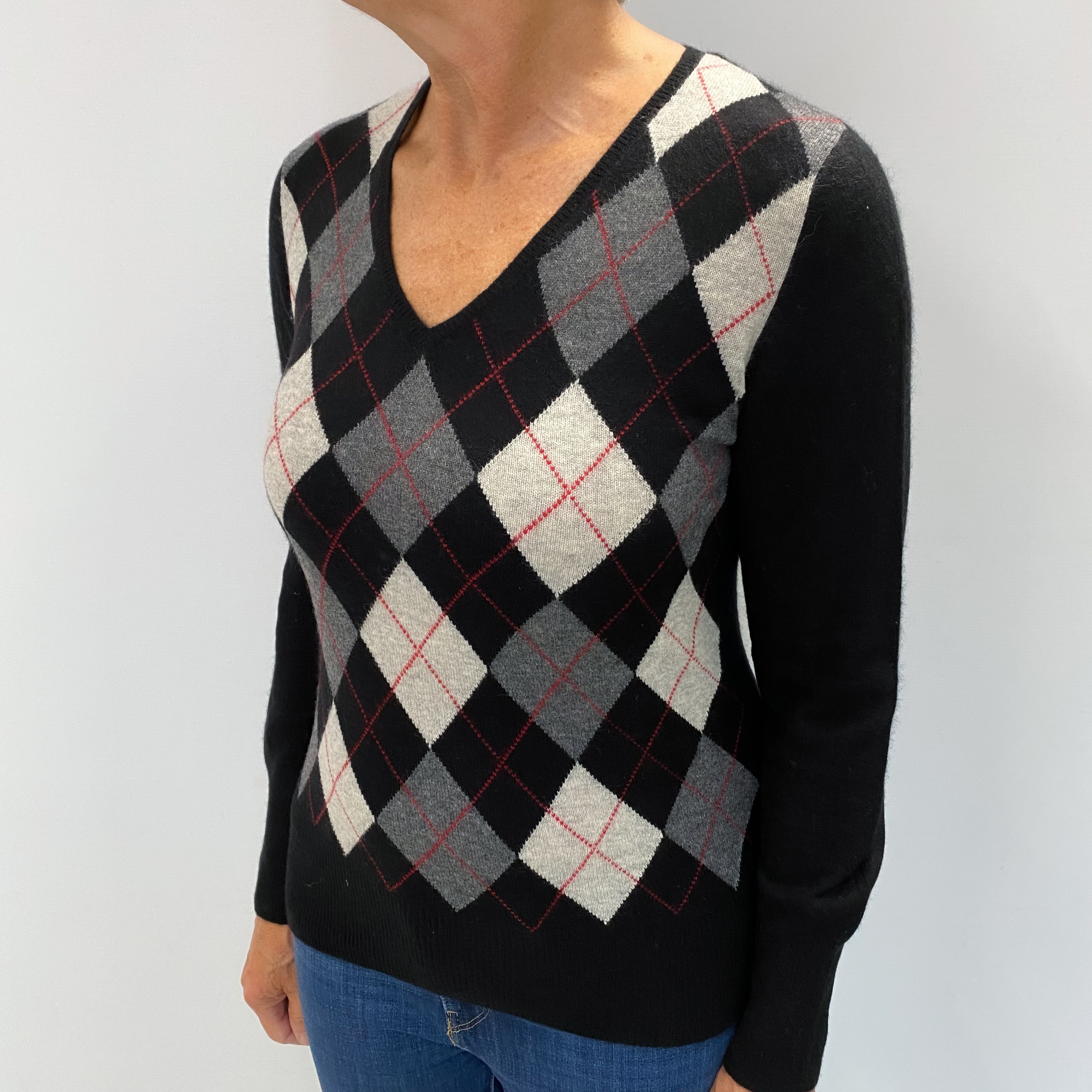 Black Grey Argyle Cashmere V Neck Jumper Medium