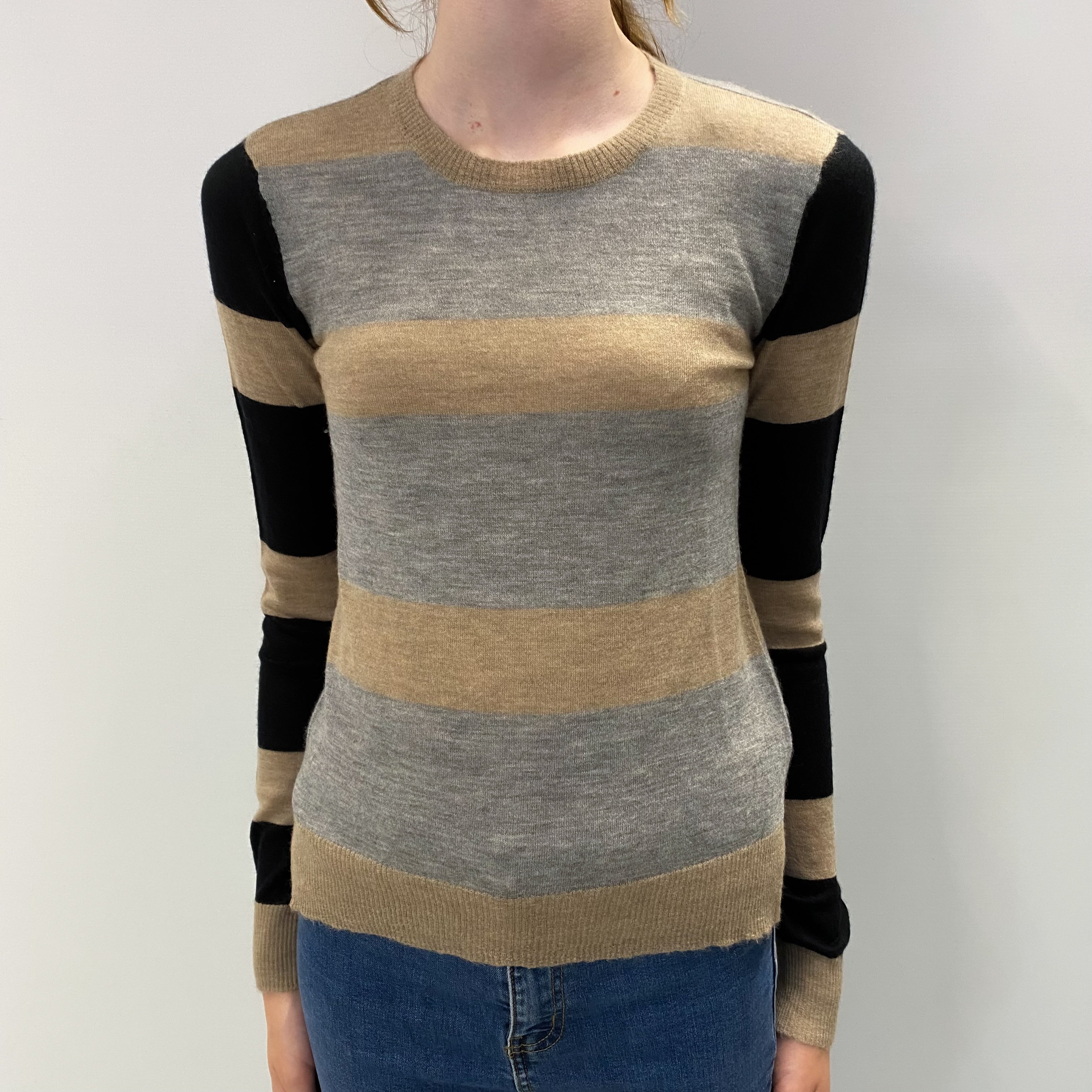 Caramel Brown Striped Cashmere Crew Neck Jumper Extra Small