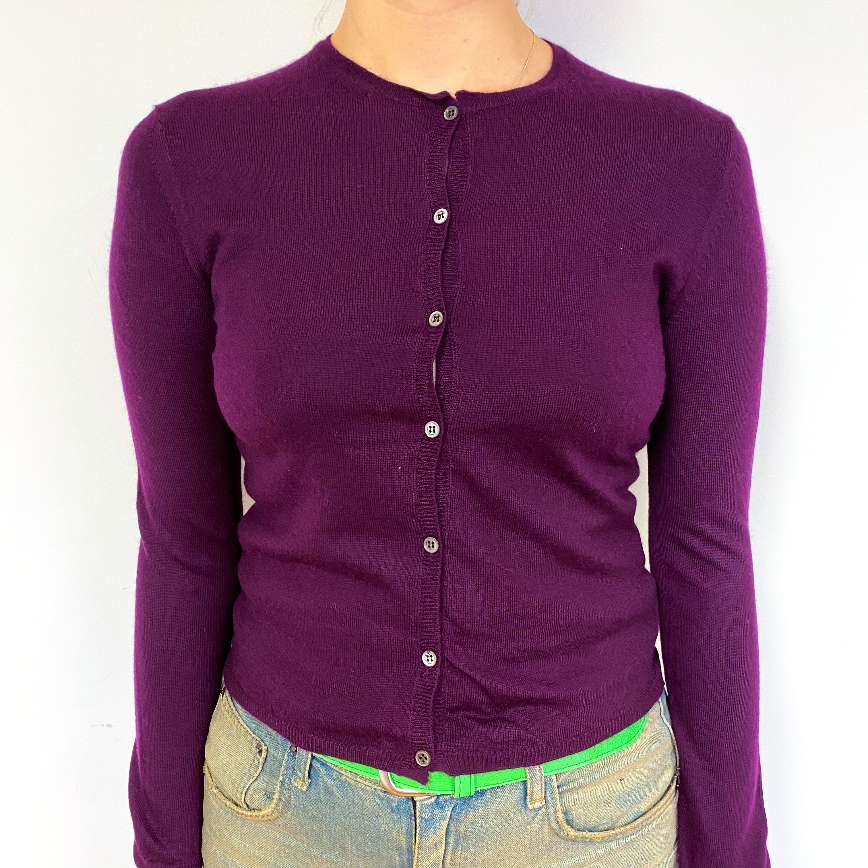 Aubergine Purple Fine Knit Cashmere Crew Neck Cardigan Small