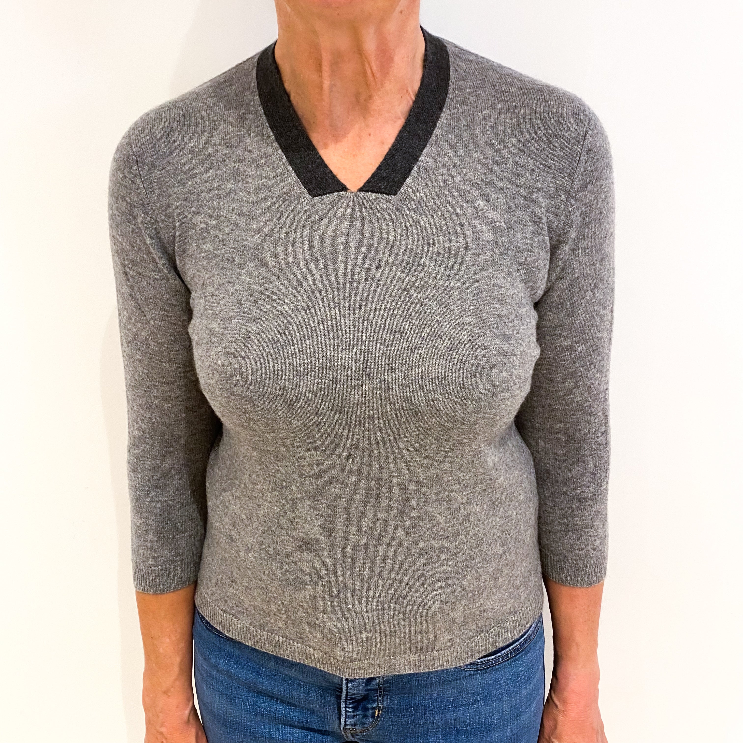 Ash Grey Cashmere V Neck Jumper Medium