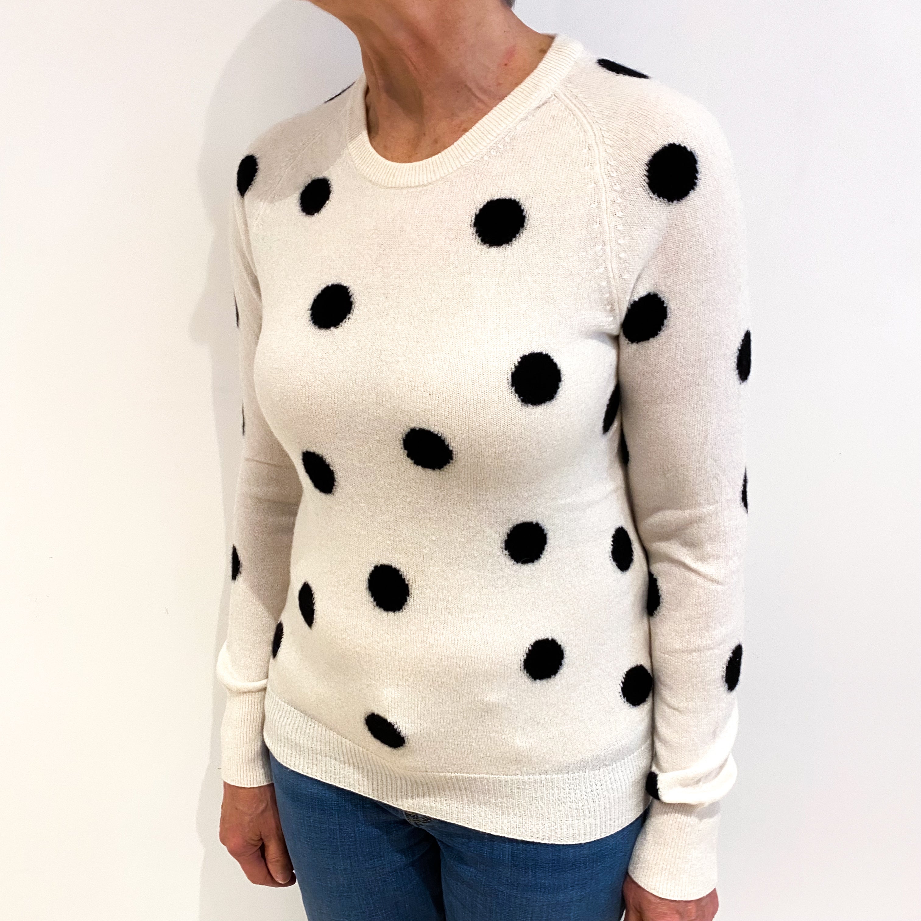 Cream And Black Spotty Cashmere Crew Neck Jumper Medium