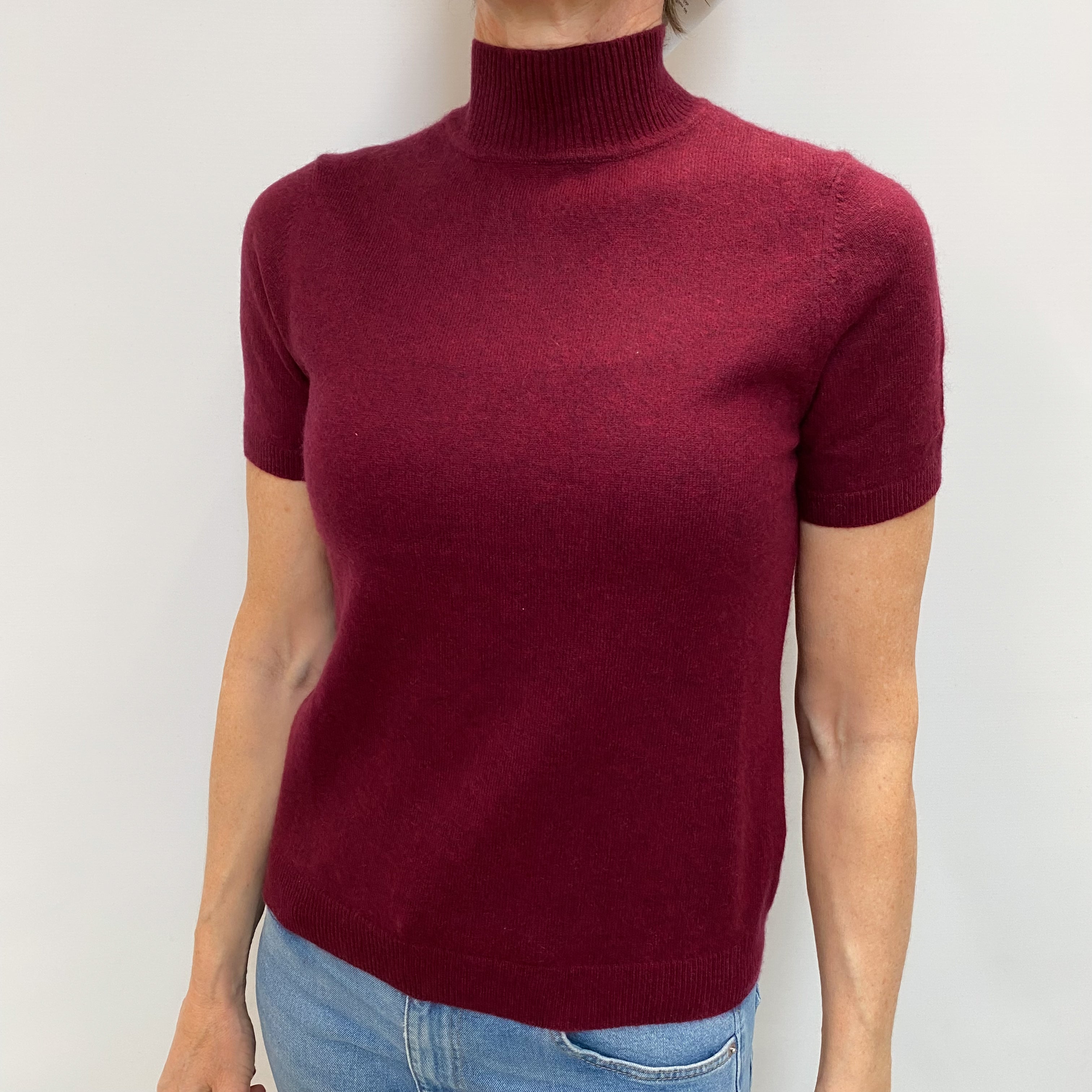 Wine Red Cashmere Turtle Neck Short Sleeved Jumper Small