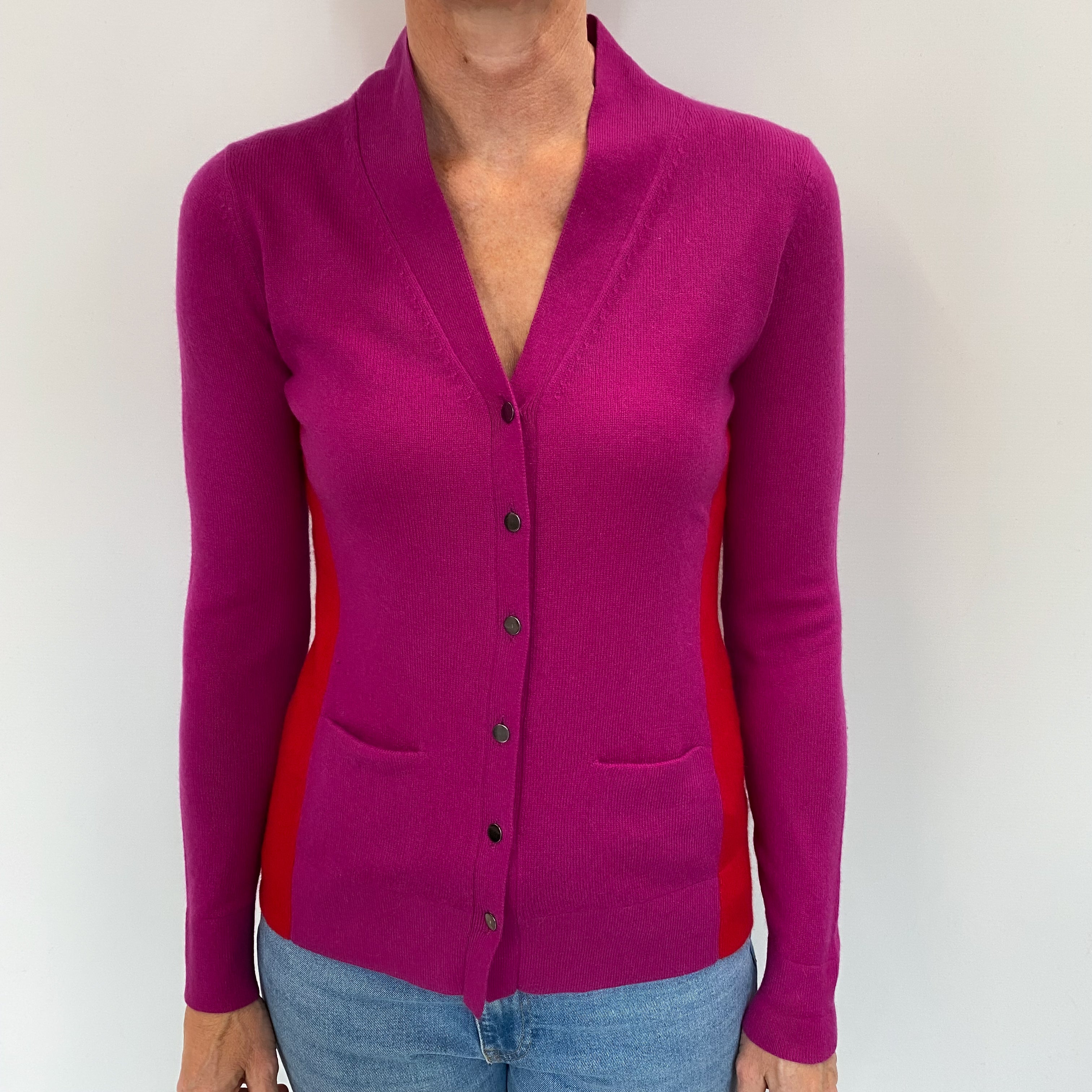 Deep Fuchsia Pink Cashmere V Neck Cardigan Small