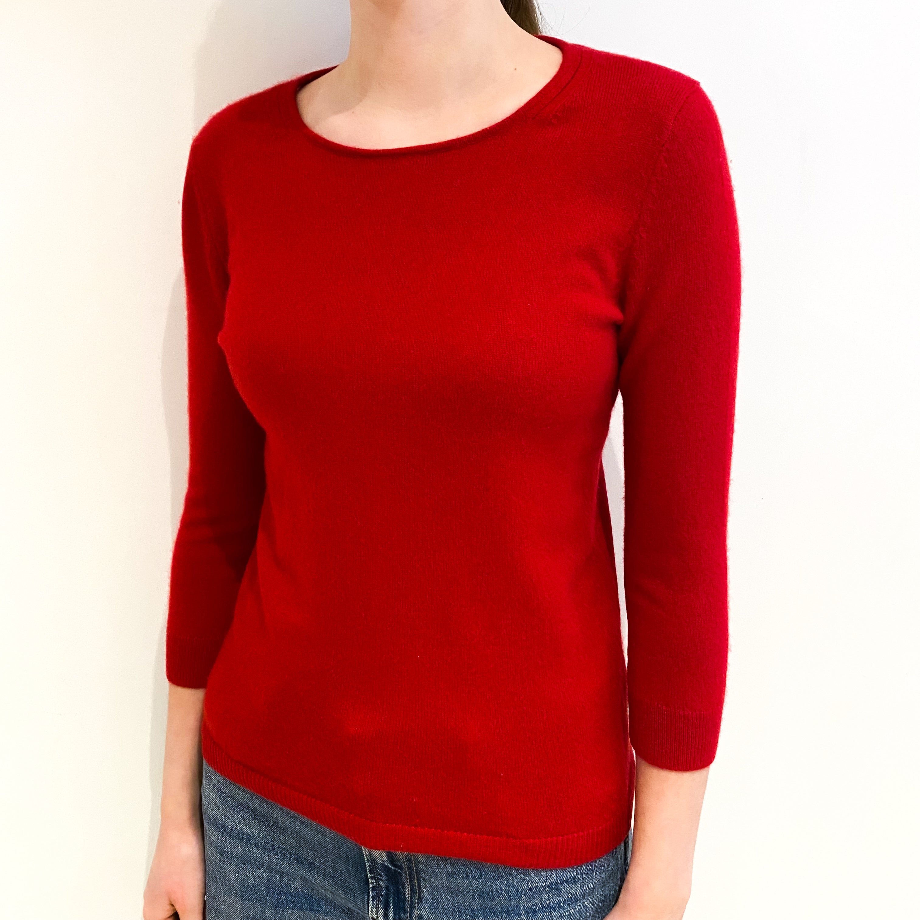 Scarlet Red 3/4 Sleeve Cashmere Crew Neck Jumper Extra Small