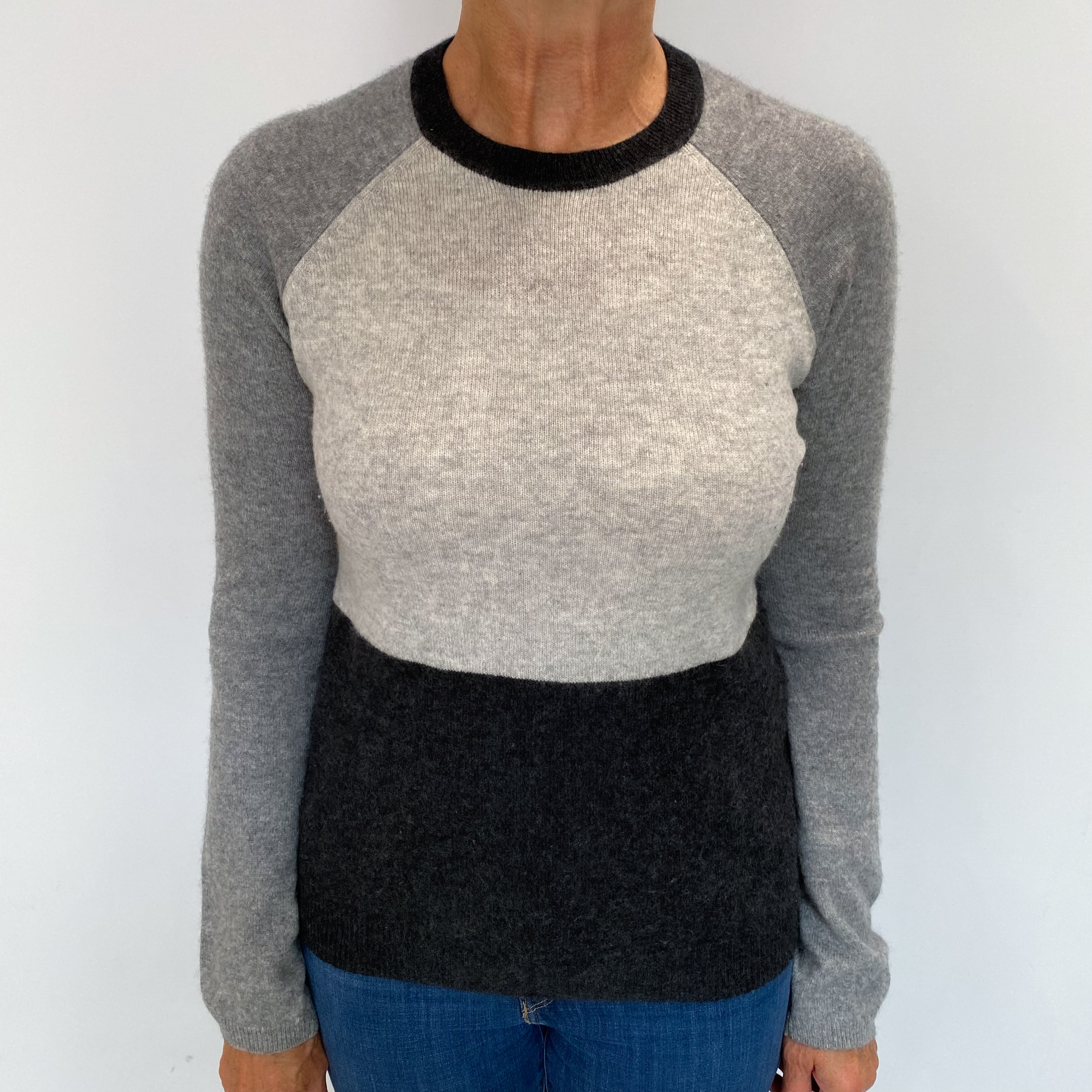 Grey Colour Block Cashmere Crew Neck Jumper Medium