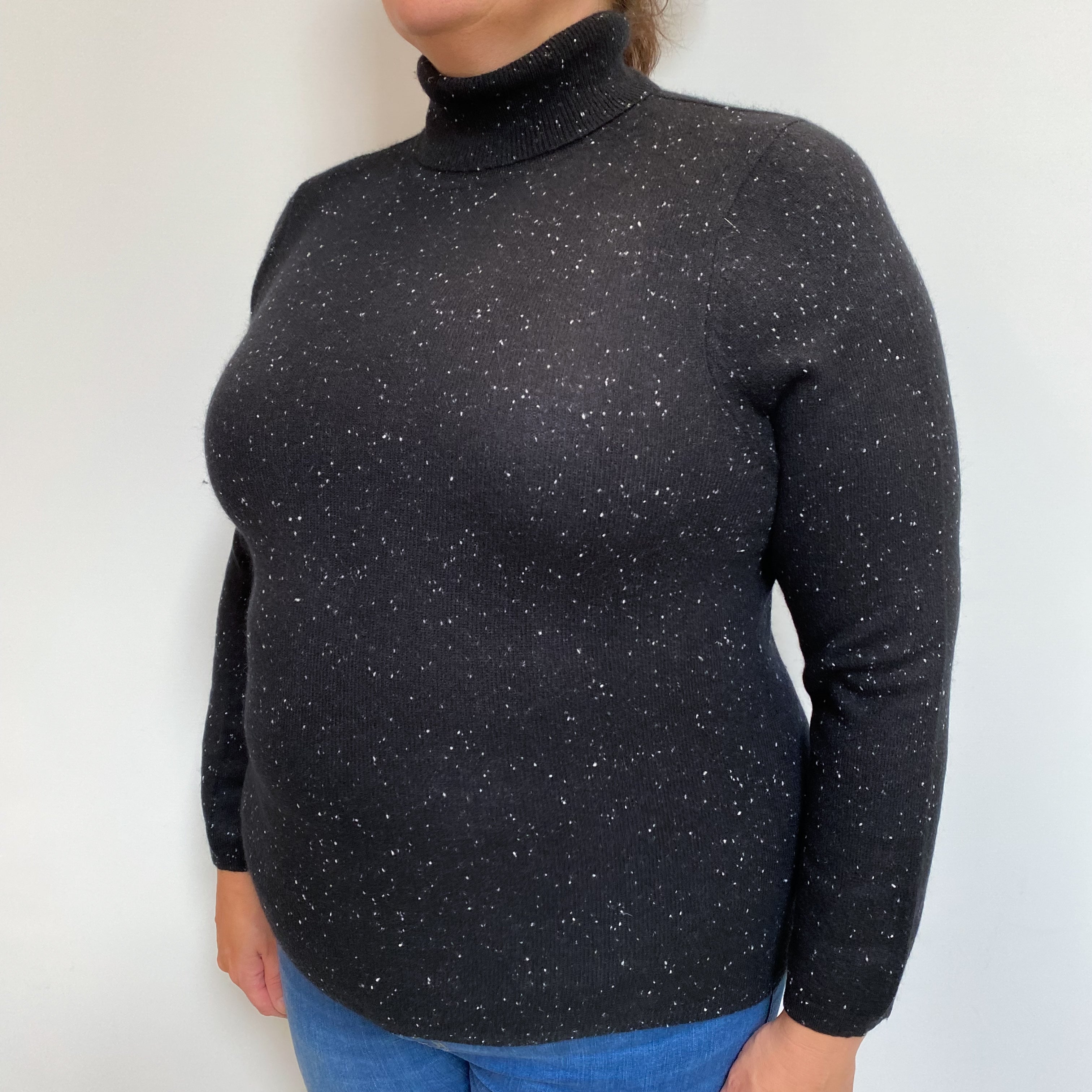 Black Flecked Cashmere Polo Neck Jumper Extra Large