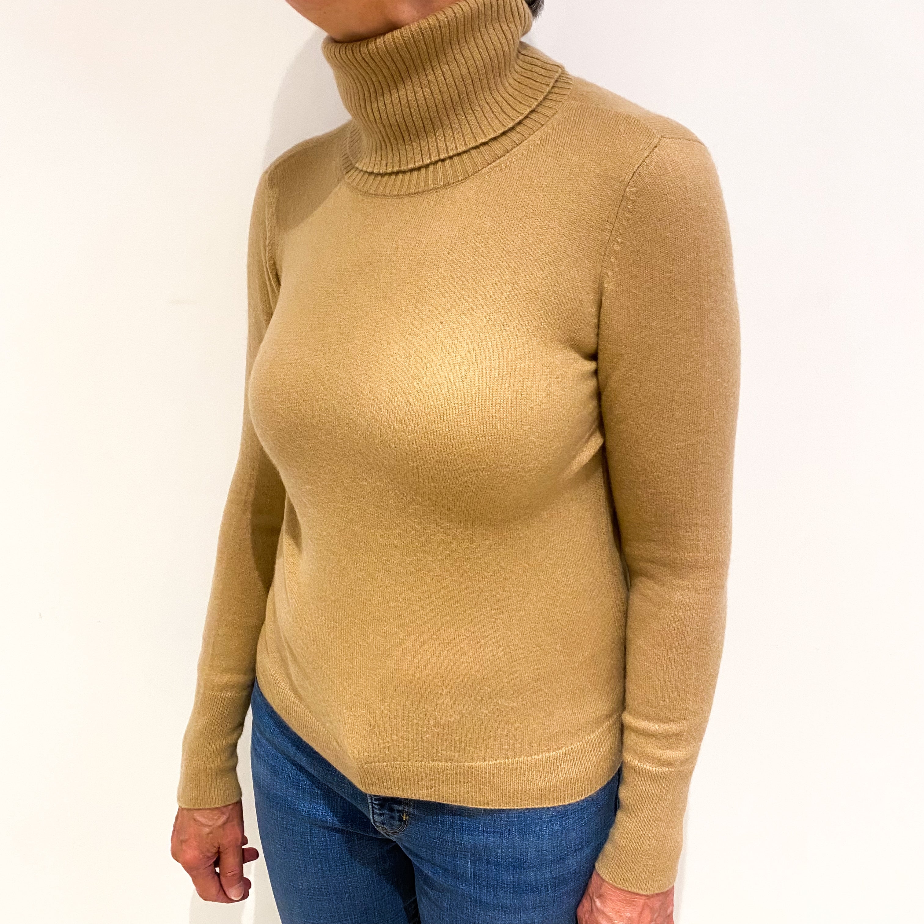 Camel Brown Cashmere Polo Neck Jumper Medium