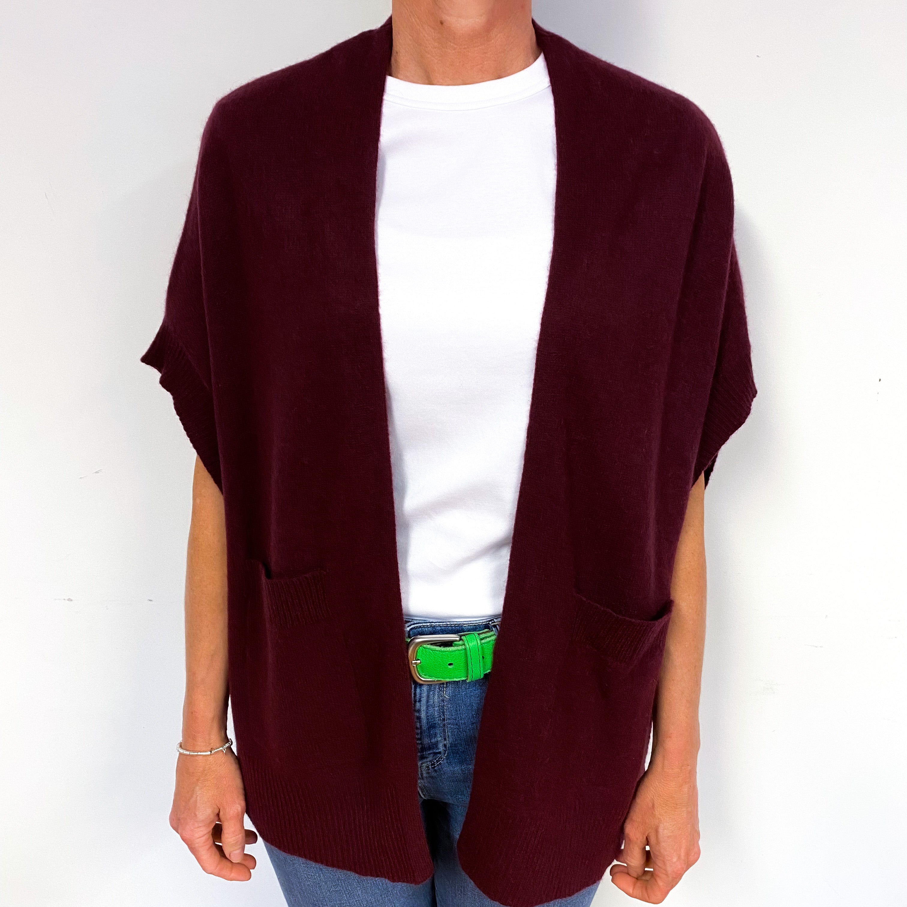 Wine Red Slouchy Capped Sleeve Cashmere Cardigan One Size