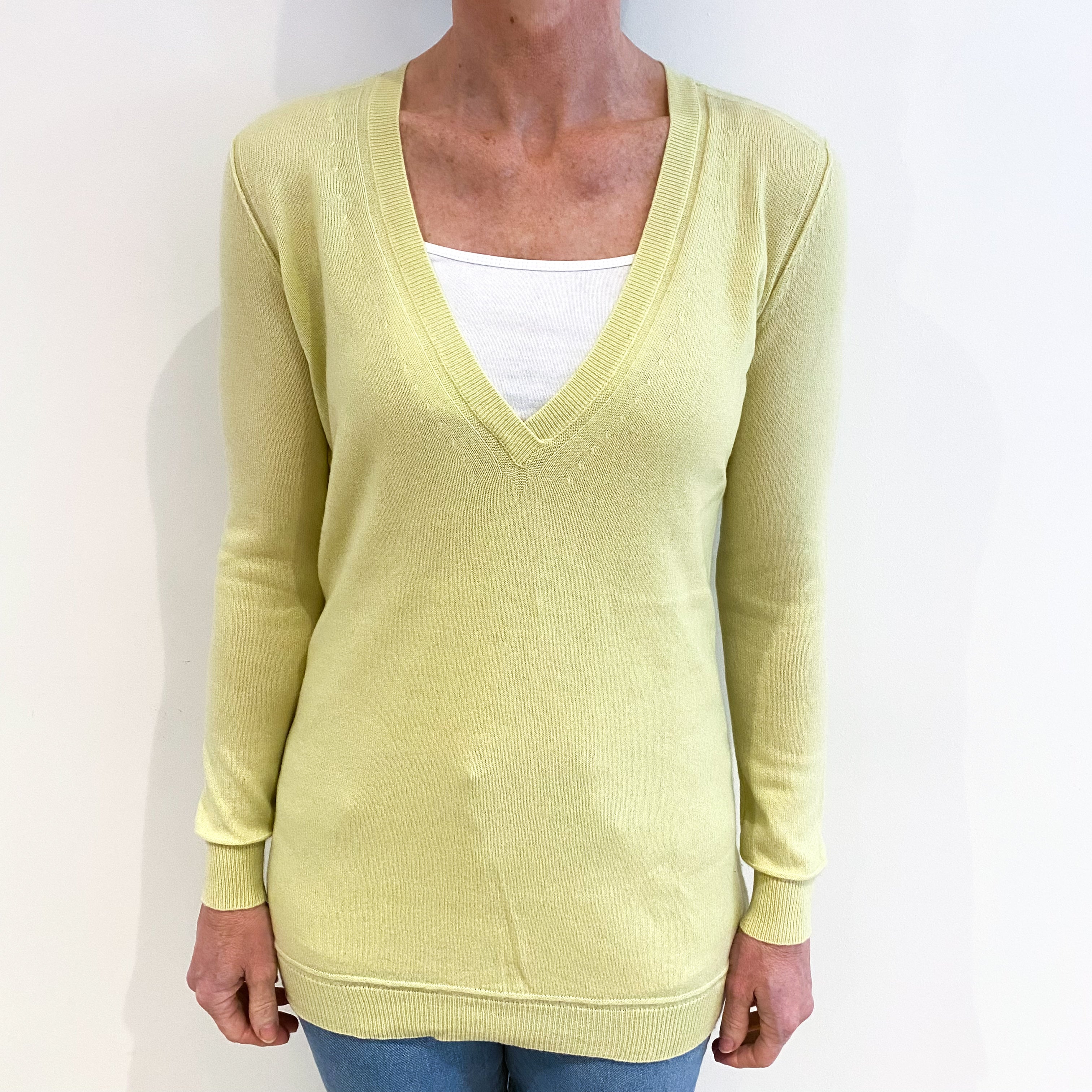 Primrose Yellow Cashmere Longline V Neck Jumper Small