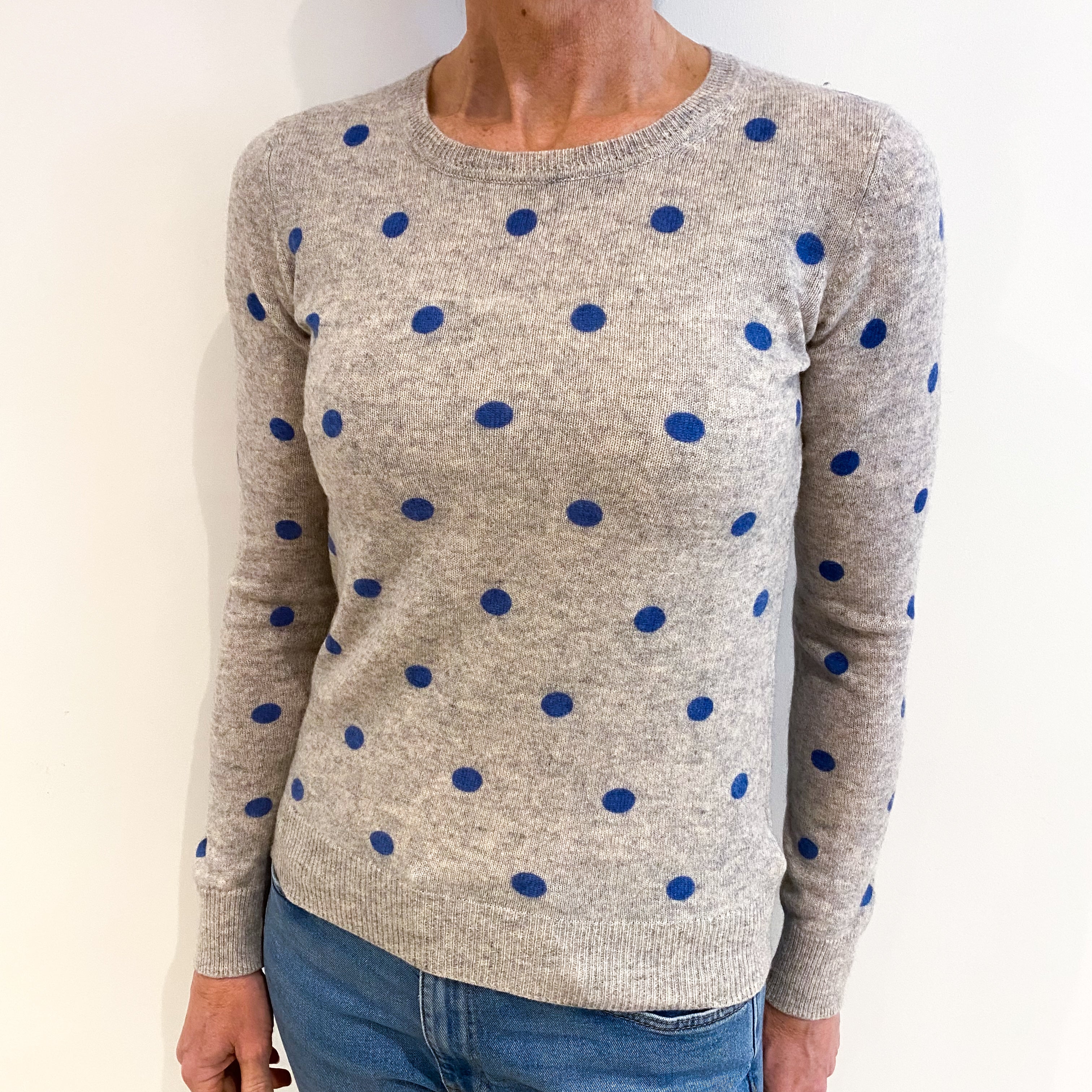 Grey Blue Polka Dot Cashmere Crew Neck Jumper Small