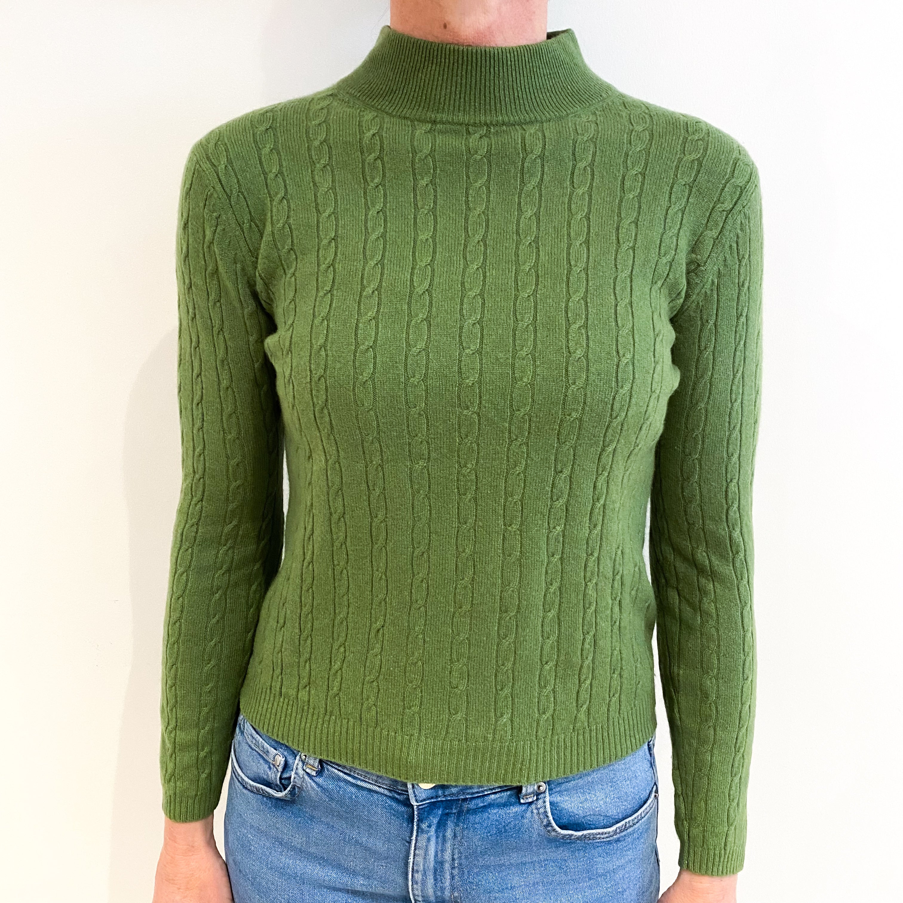 Pear Green Cable Cashmere Turtle Neck Jumper Small