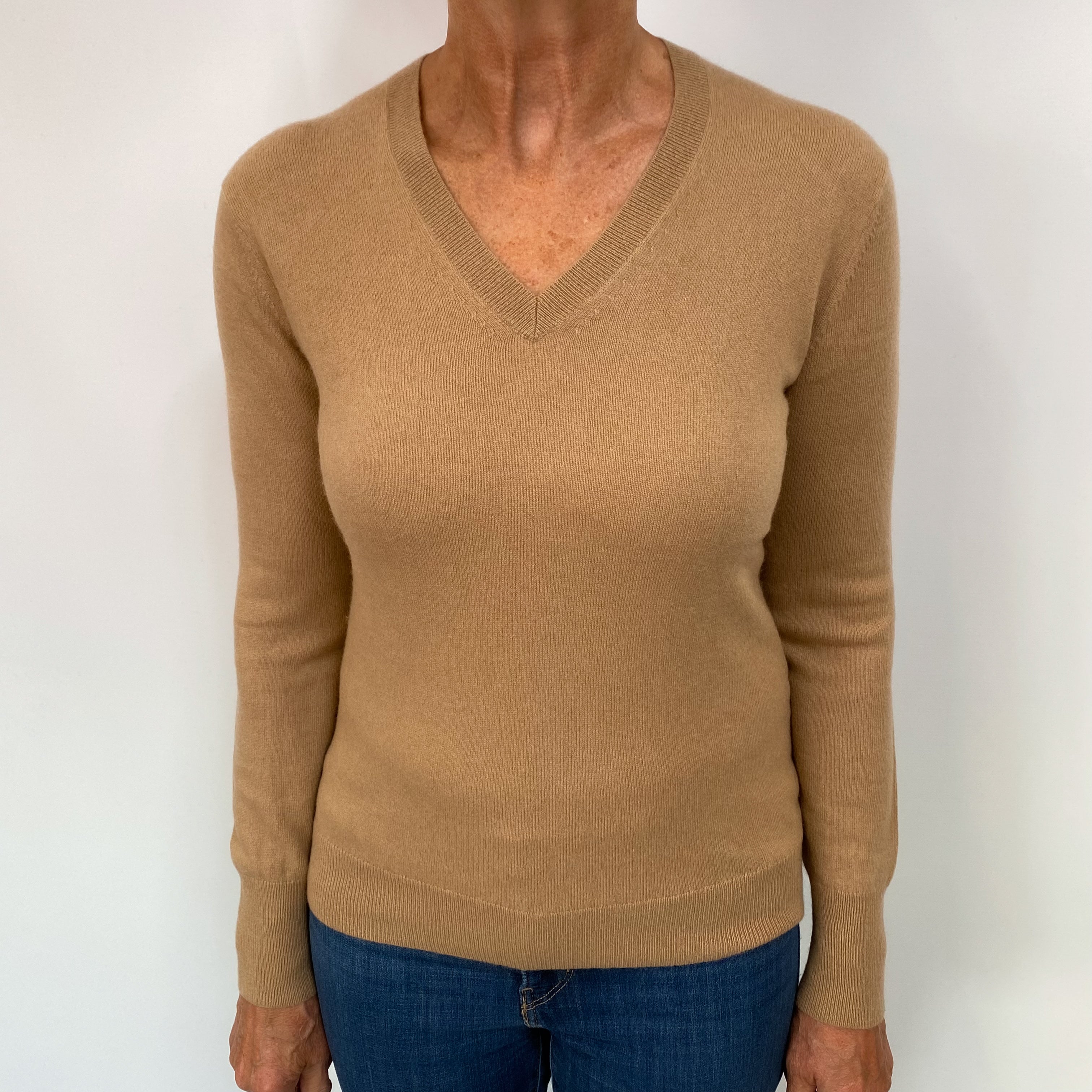 Caramel Brown Cashmere V Neck Jumper Medium