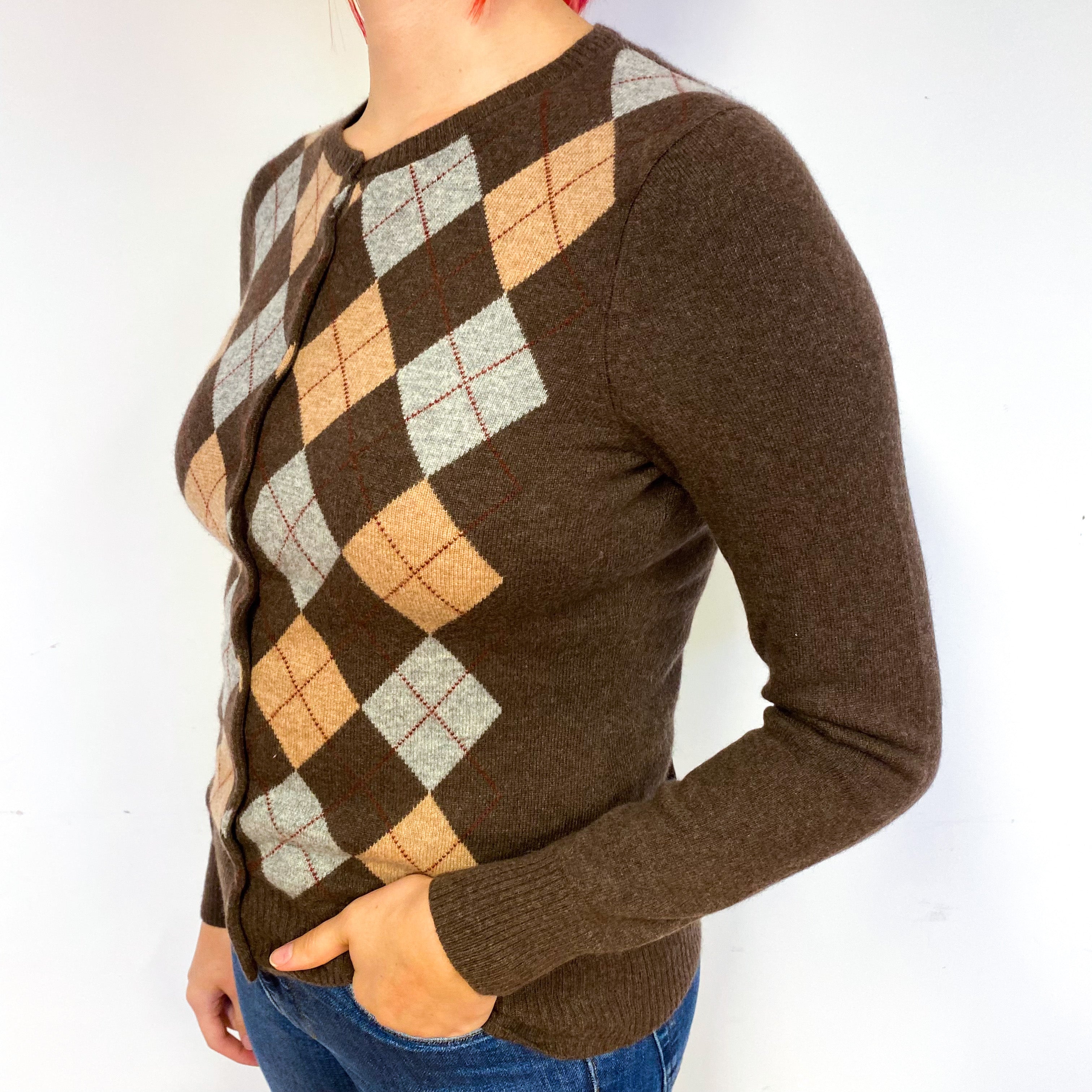 Brown Grey Argyle Cashmere Crew Neck Cardigan Small