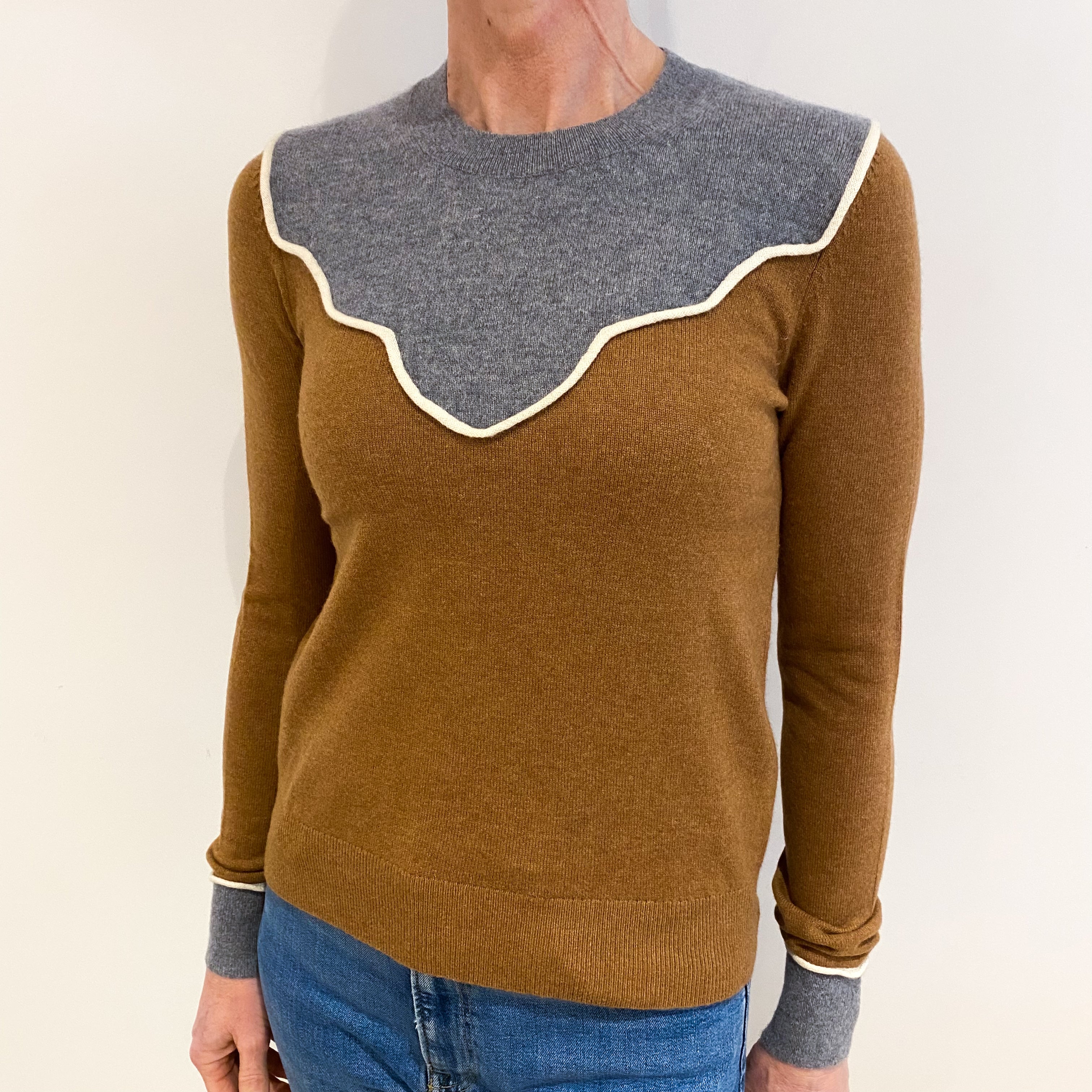 Nutmeg Brown Grey Trimmed Cashmere Crew Neck Jumper Small