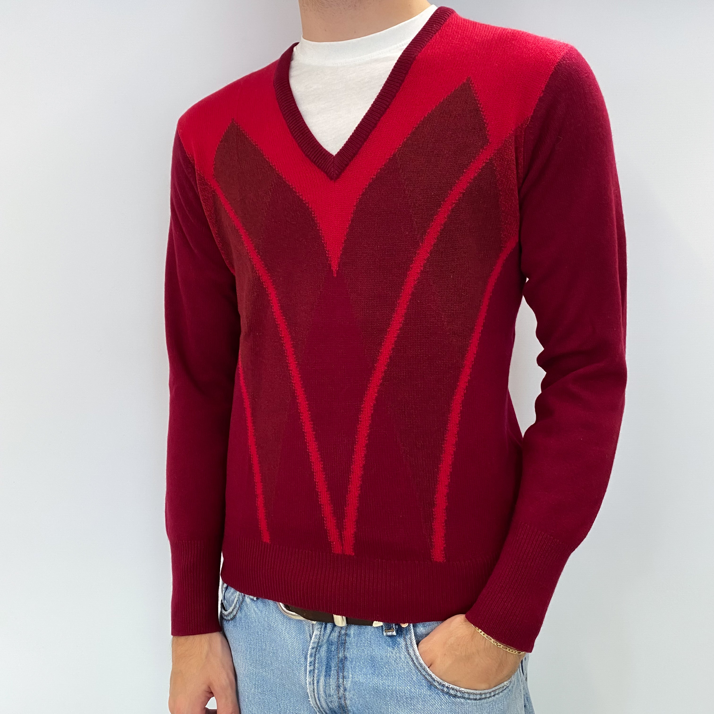 Men's Vintage Scottish Deep Red Patterned Cashmere V Neck Jumper Medium