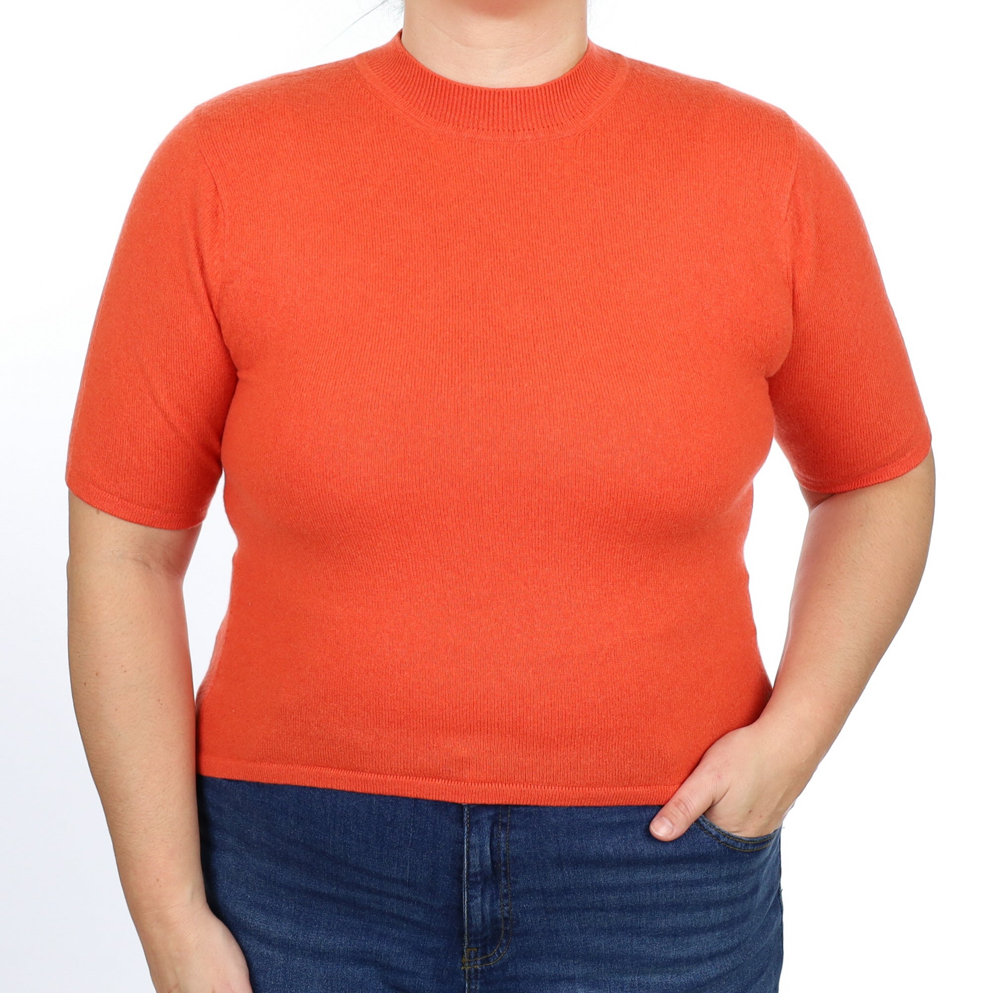 Tangerine Orange Cashmere Short Sleeve Turtle Neck Jumper Large