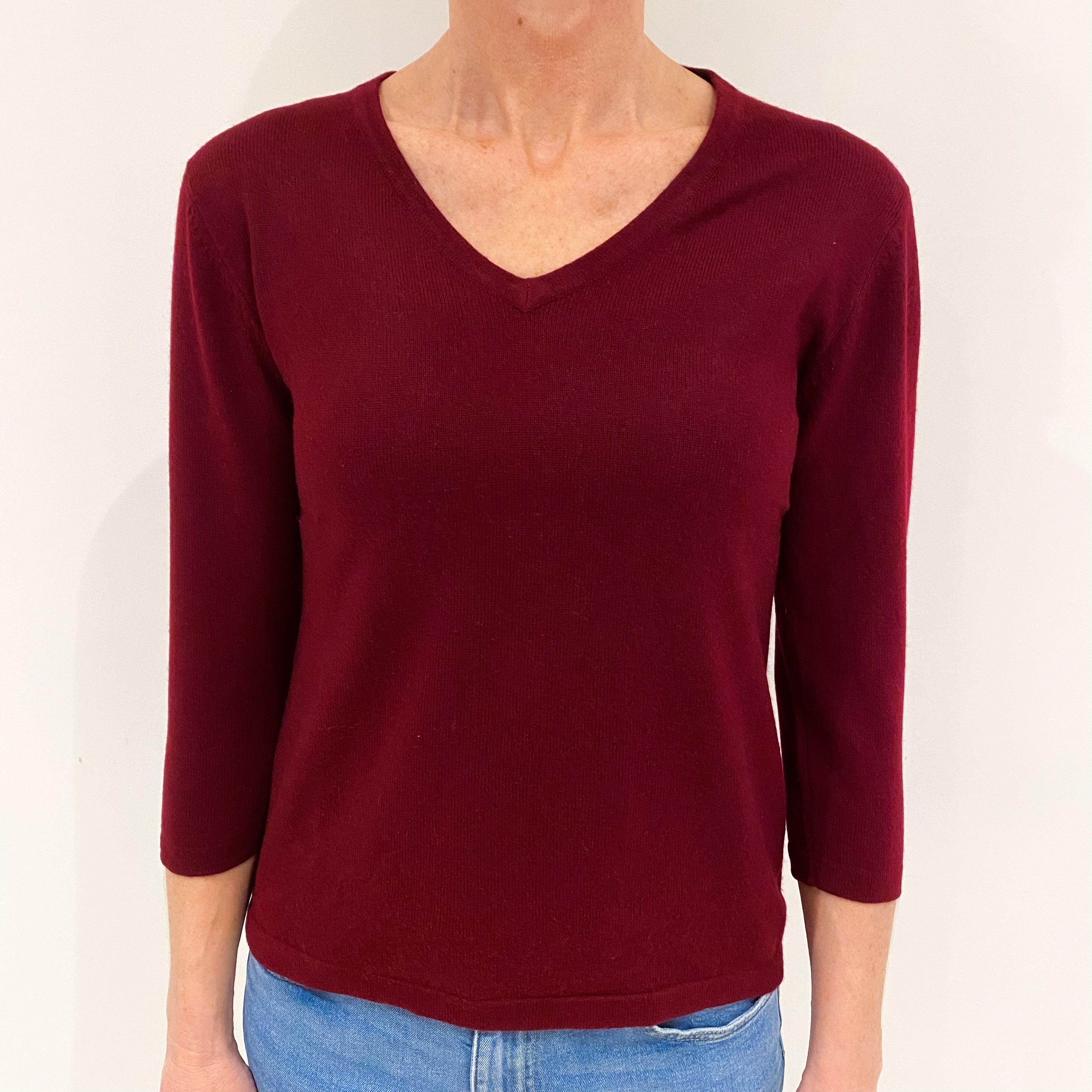 Burgundy Red Cashmere V Neck Jumper Small