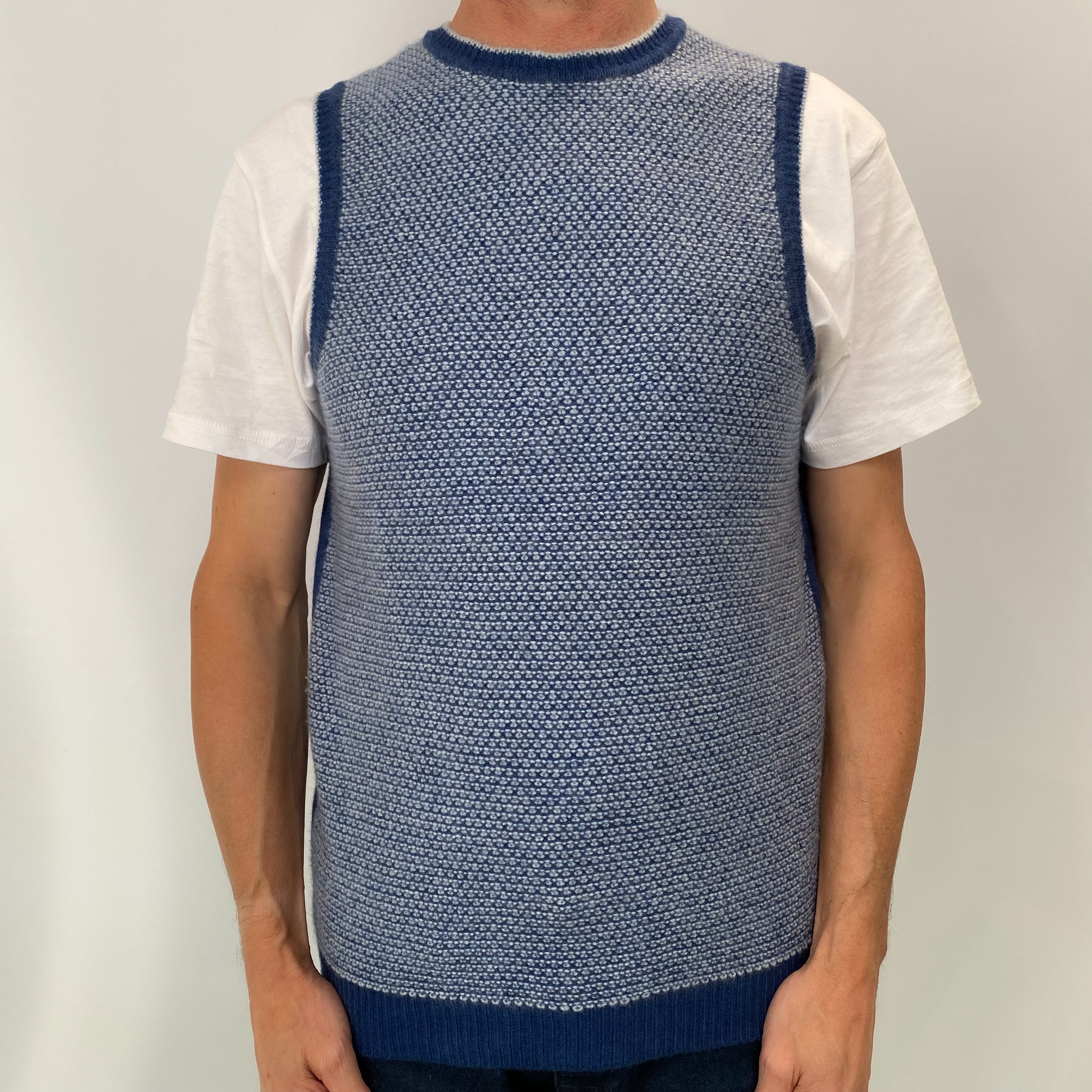 Blue Patterned Men's Cashmere Crew Neck Sleeveless Jumper Small