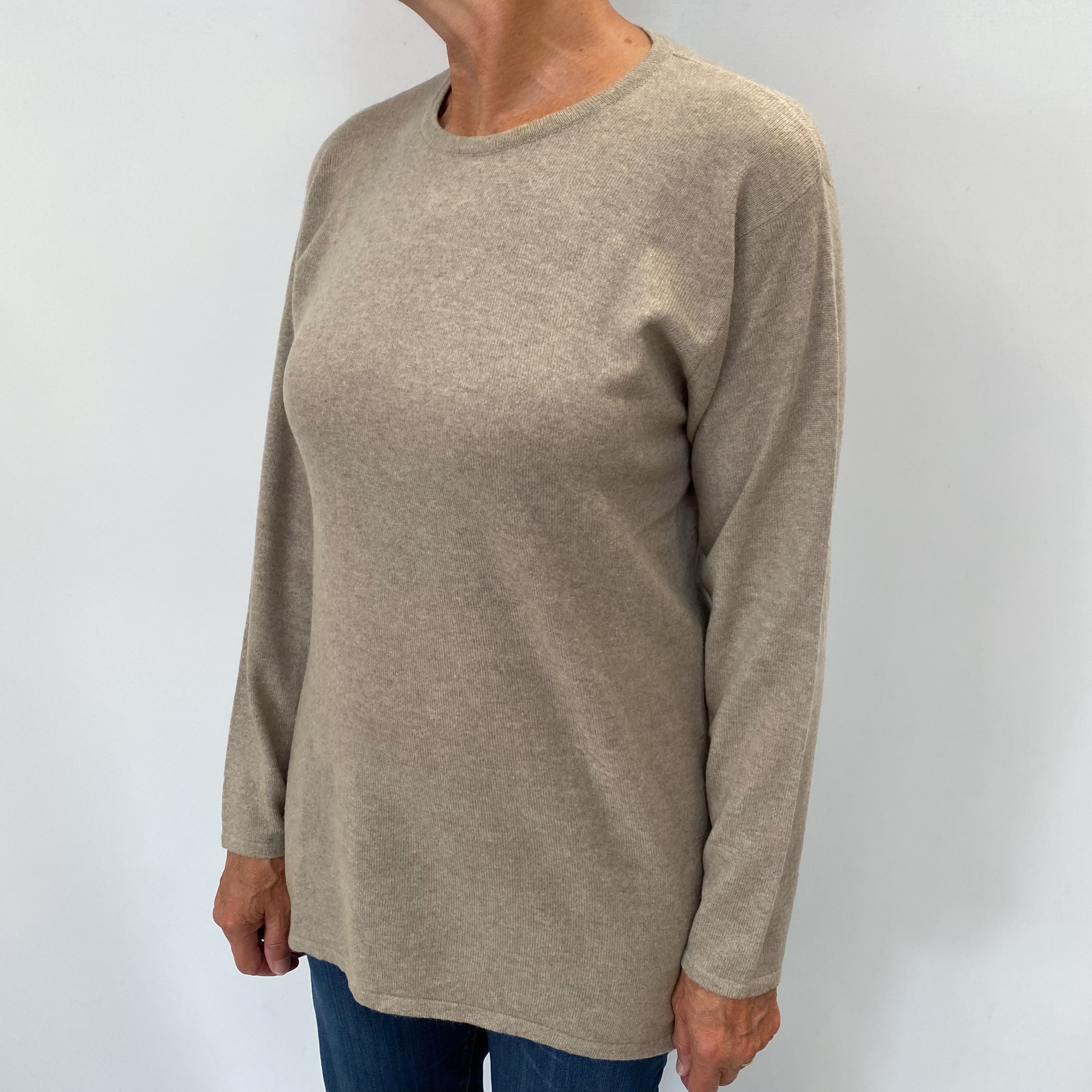 Fawn Grey Cashmere Crew Neck Jumper Medium