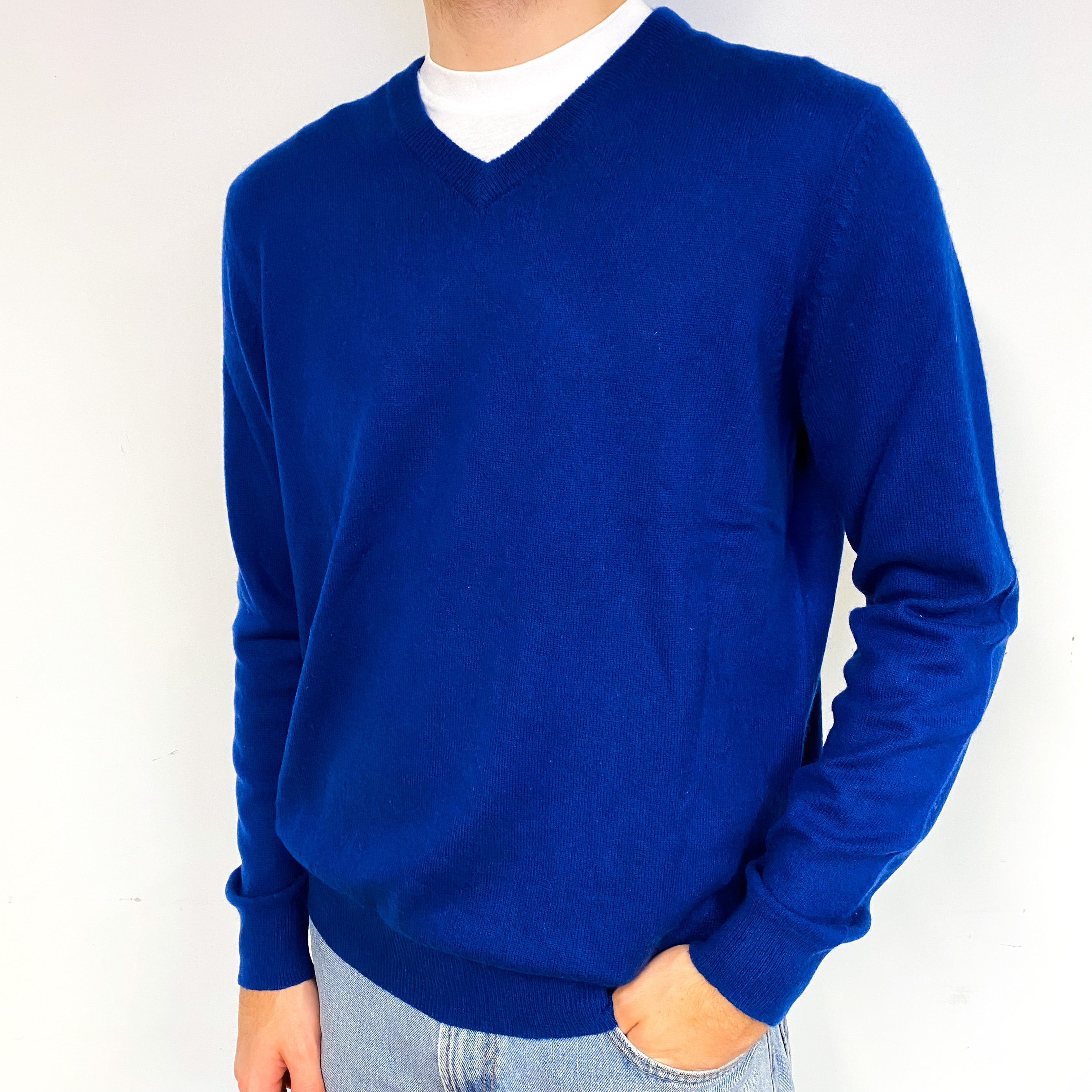 Men's Admiral Blue Cashmere V-Neck Jumper Large