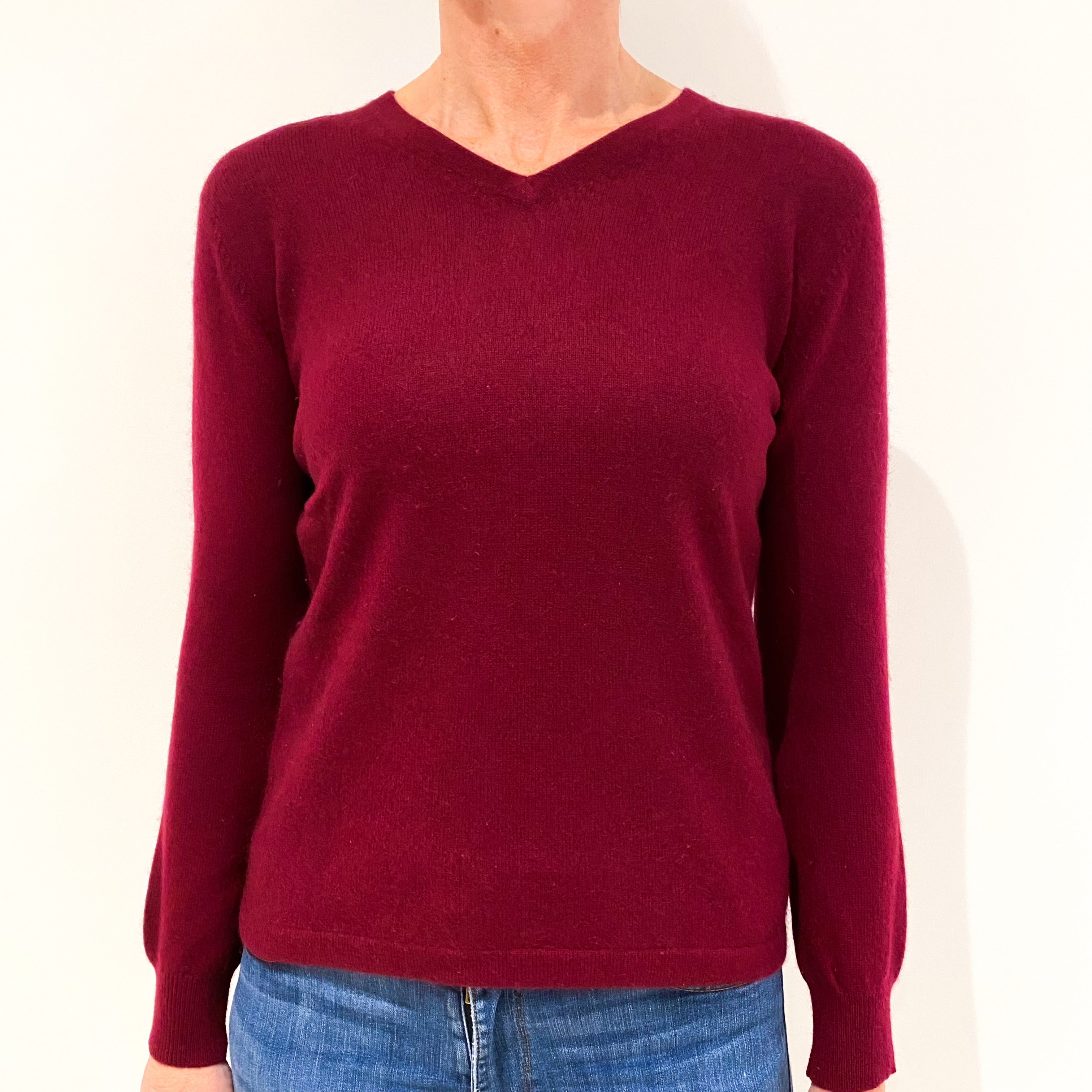 Wine Red Cashmere V-Neck Jumper Small