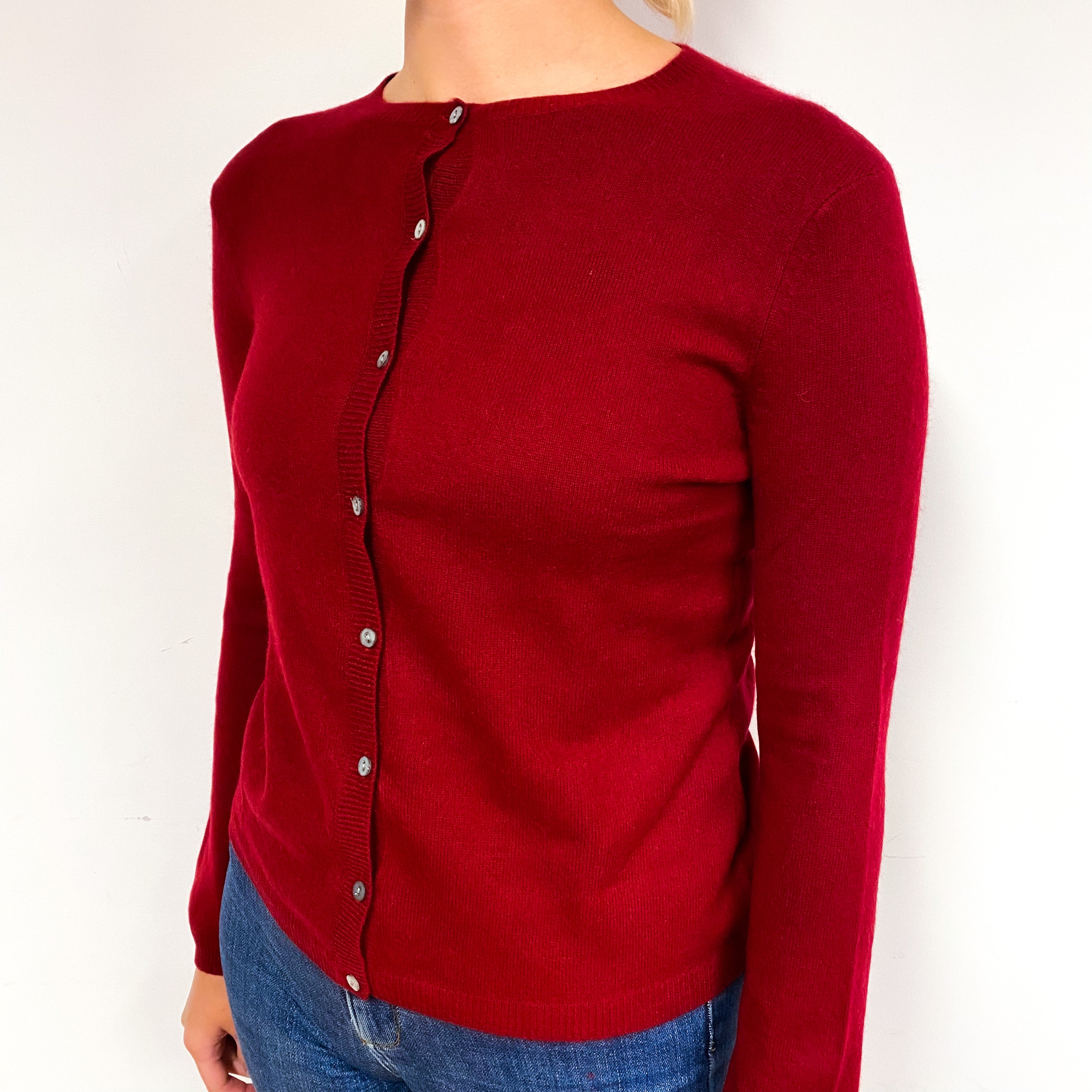 Garnet Red Cashmere Crew Neck Cardigan Small