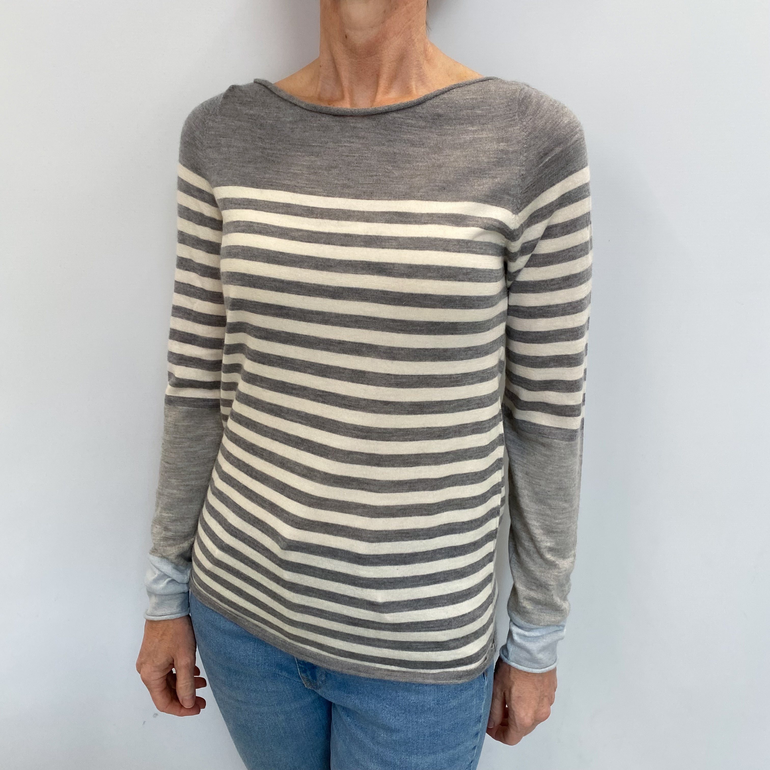 Grey And Ivory Striped Cashmere Slash Neck Jumper Small