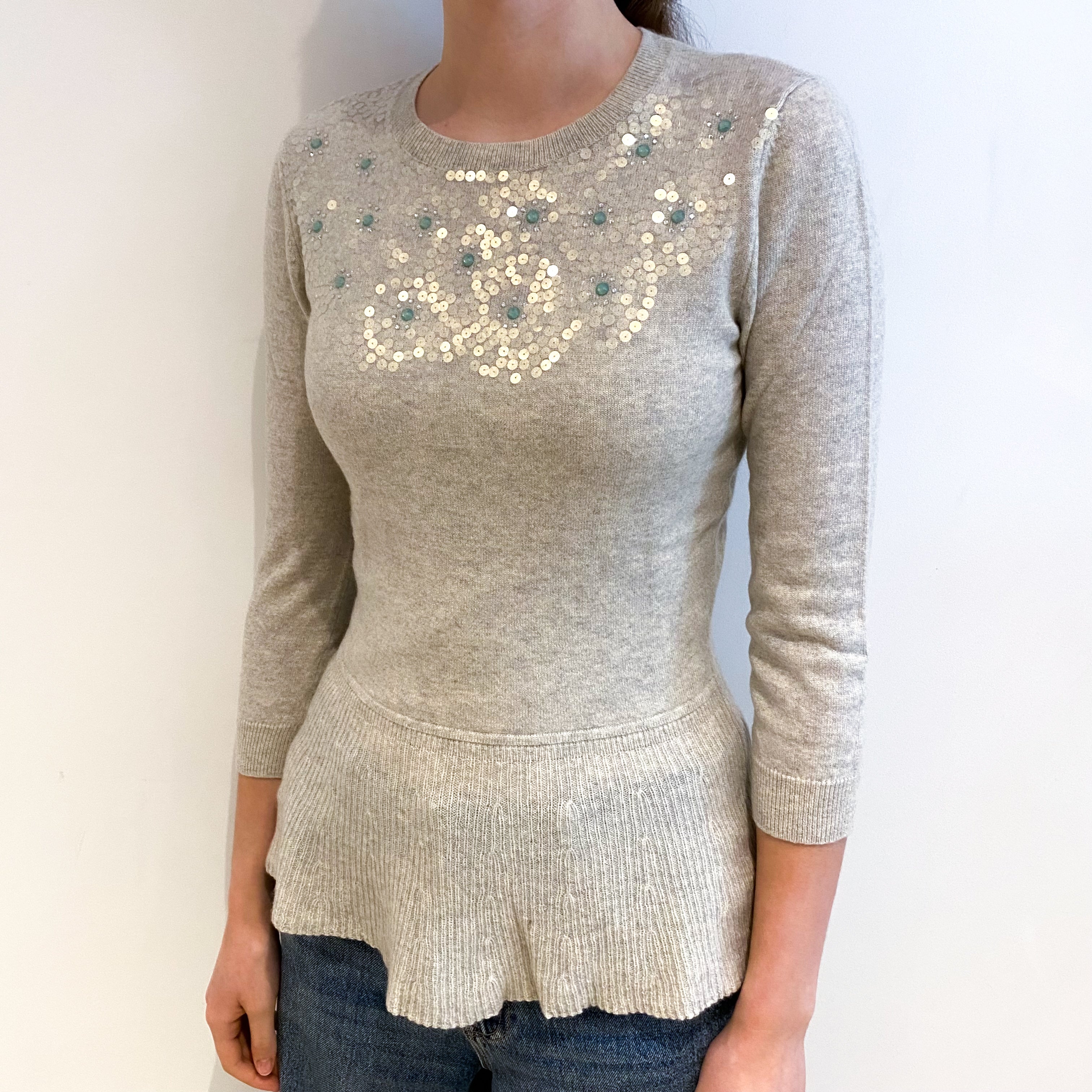 Dusty Grey Embellished Cashmere Peplum Crew Neck Jumper Extra Small