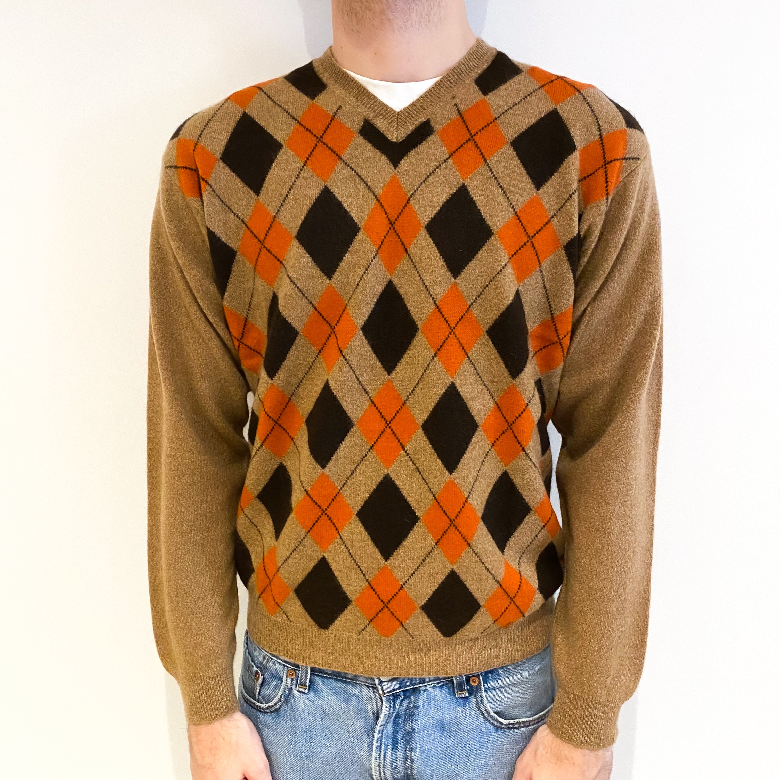 Men's Butterscotch Brown Argyle Cashmere V Neck Jumper Medium