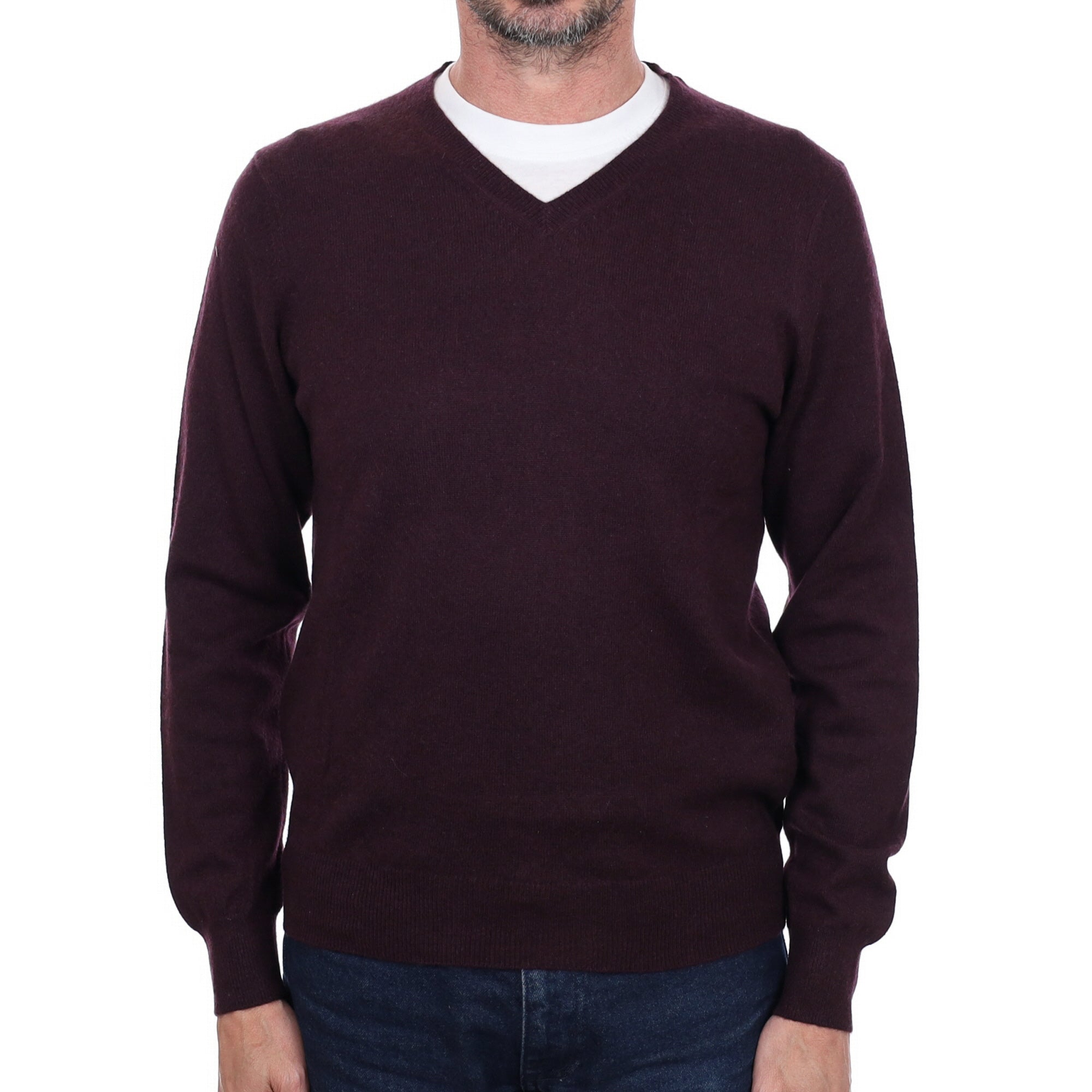 Men's Aubergine Purple Cashmere V Neck Jumper Small