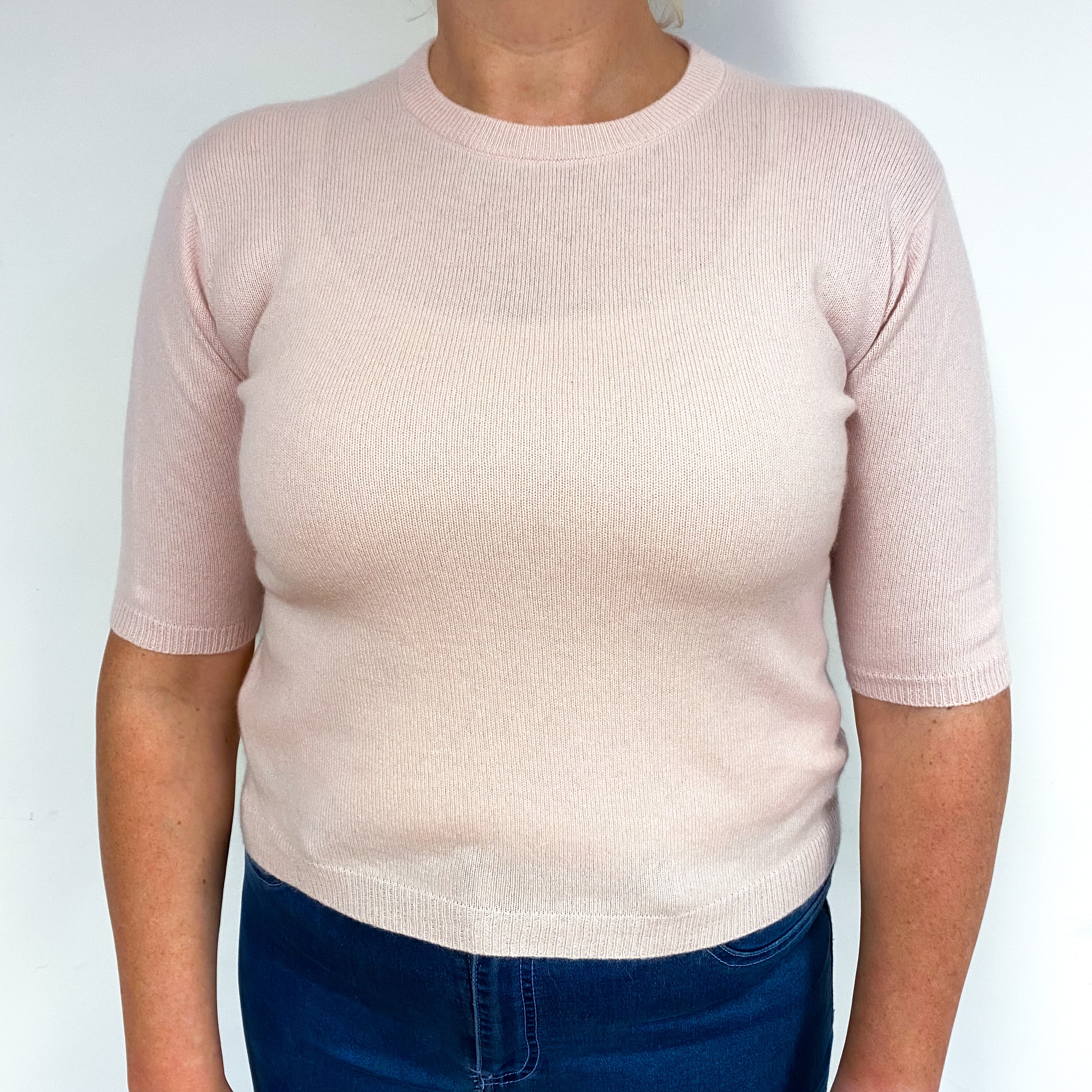 Pale Pink Short Sleeve Cashmere Crew Neck Jumper Large