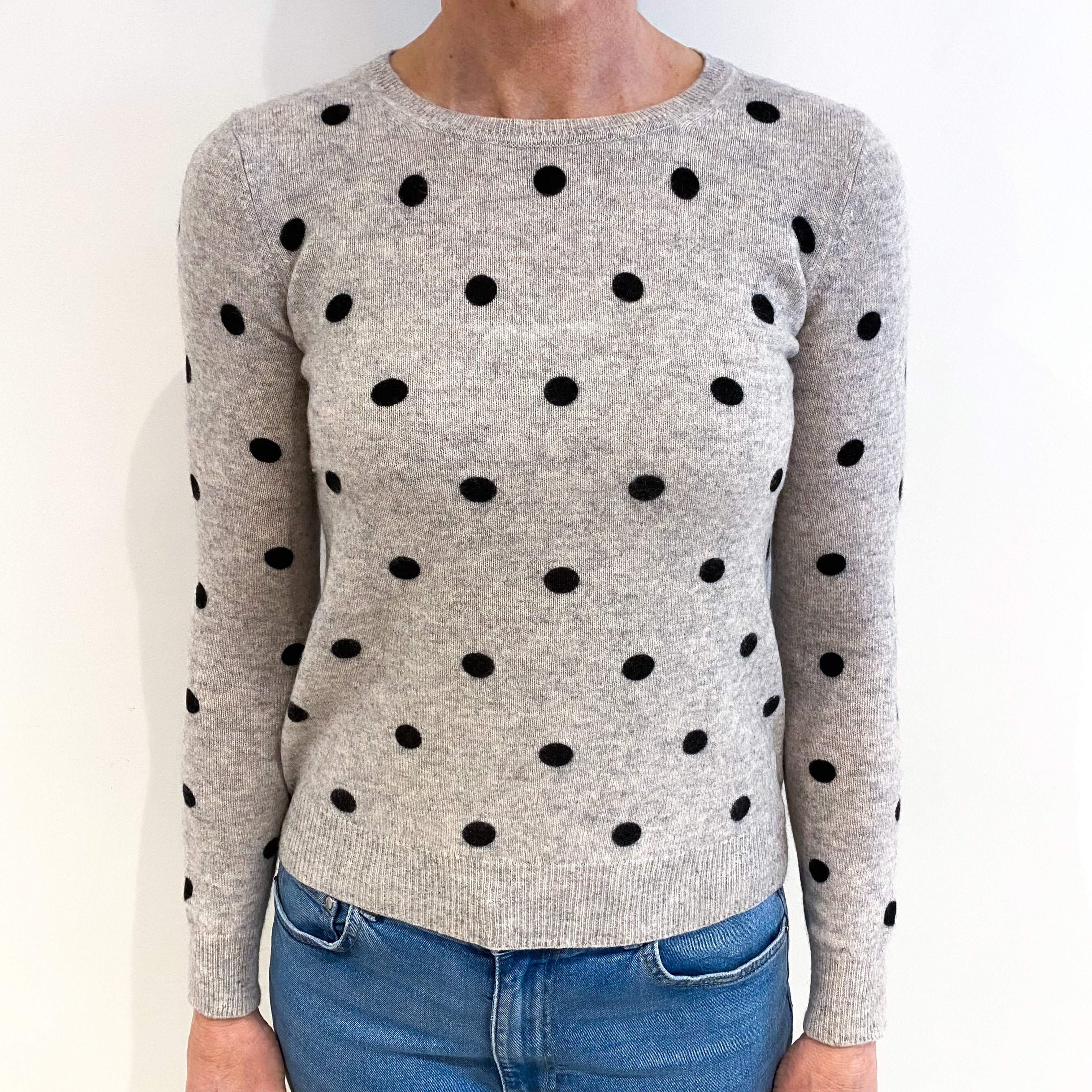 Grey Black Spotty Cashmere Crew Neck Jumper Small