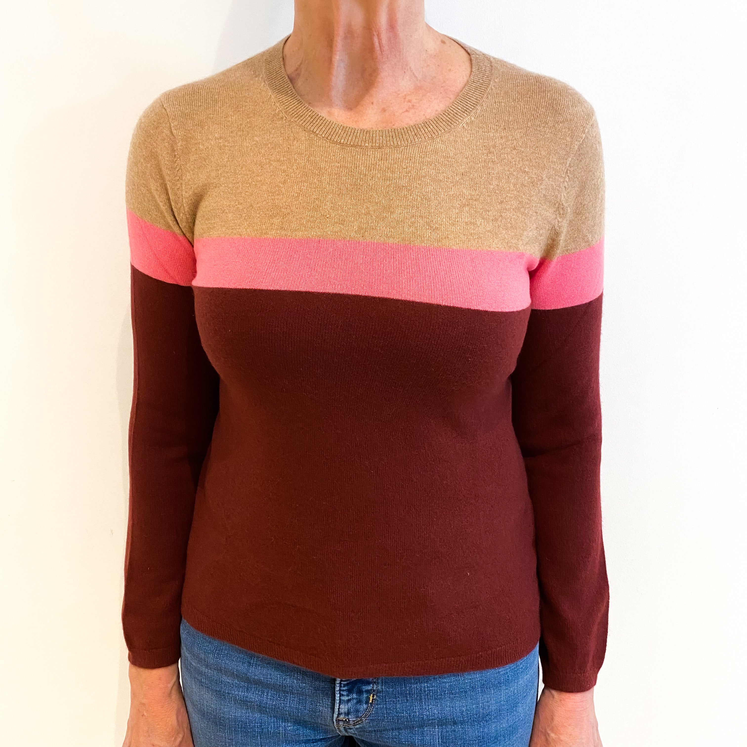 Camel Beige With Pink And Wine Stripe Cashmere Crew Neck Jumper Medium