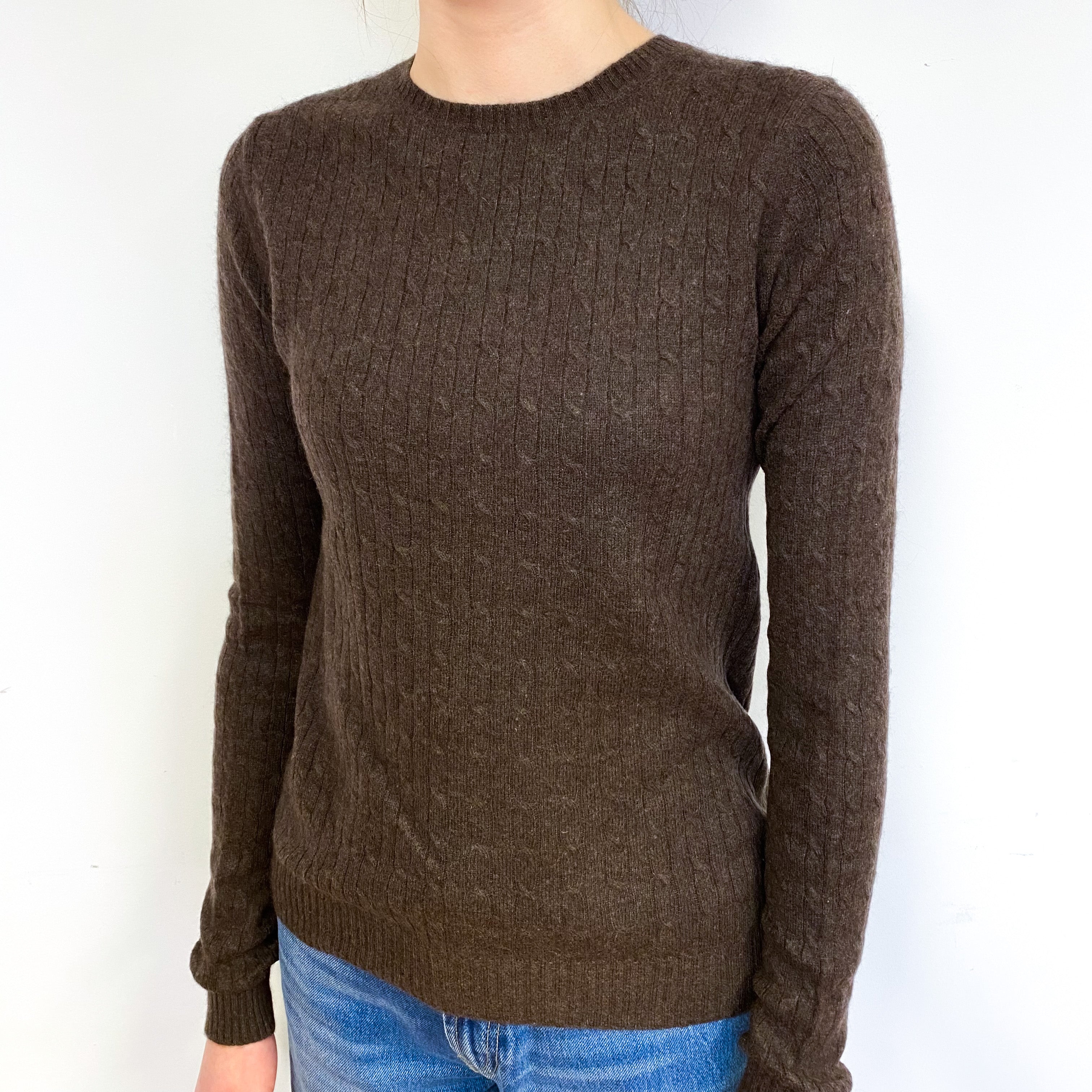 Chocolate Brown Cable Cashmere Crew Neck Jumper Extra Small