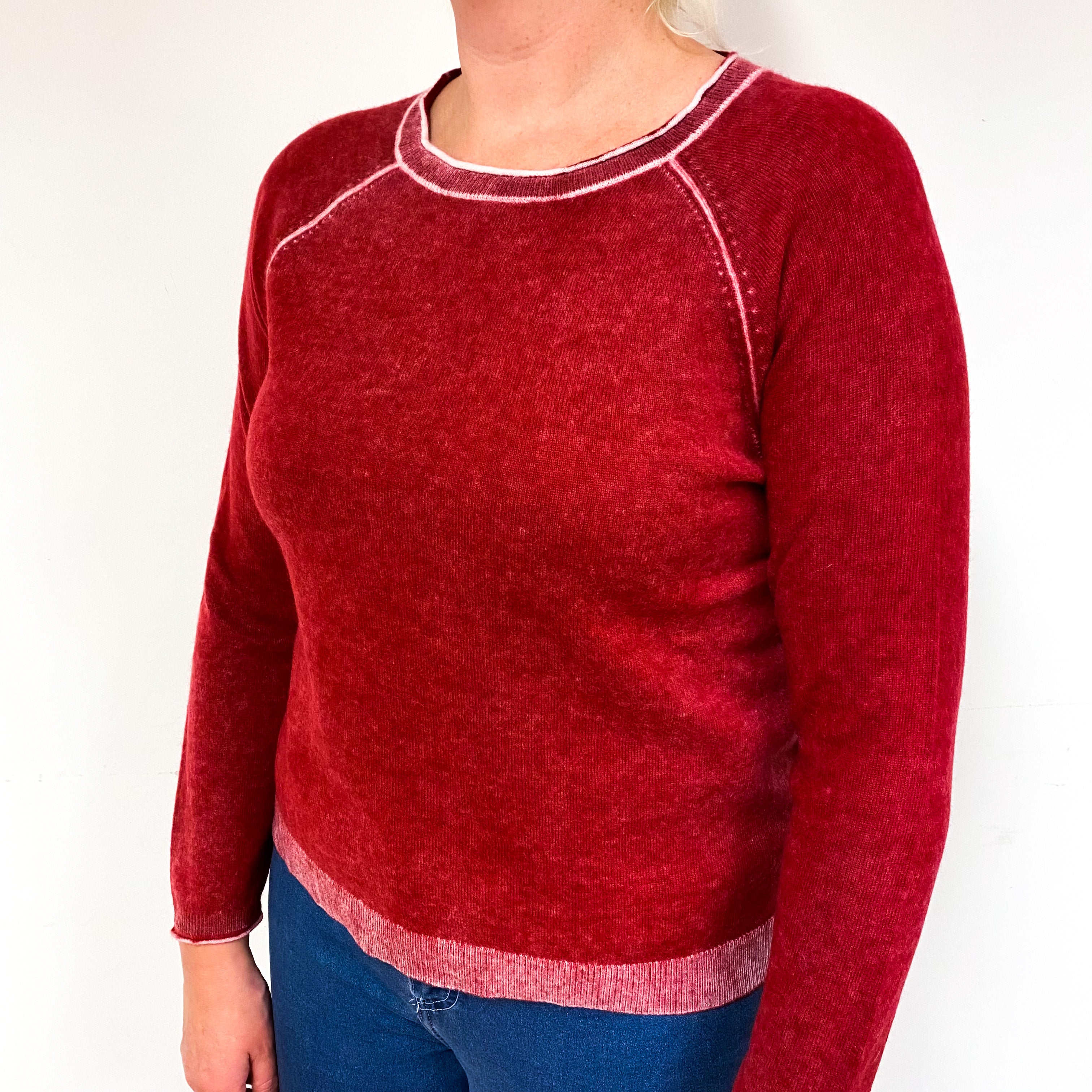 Red Bleach Dye Cashmere Crew Neck Jumper Large