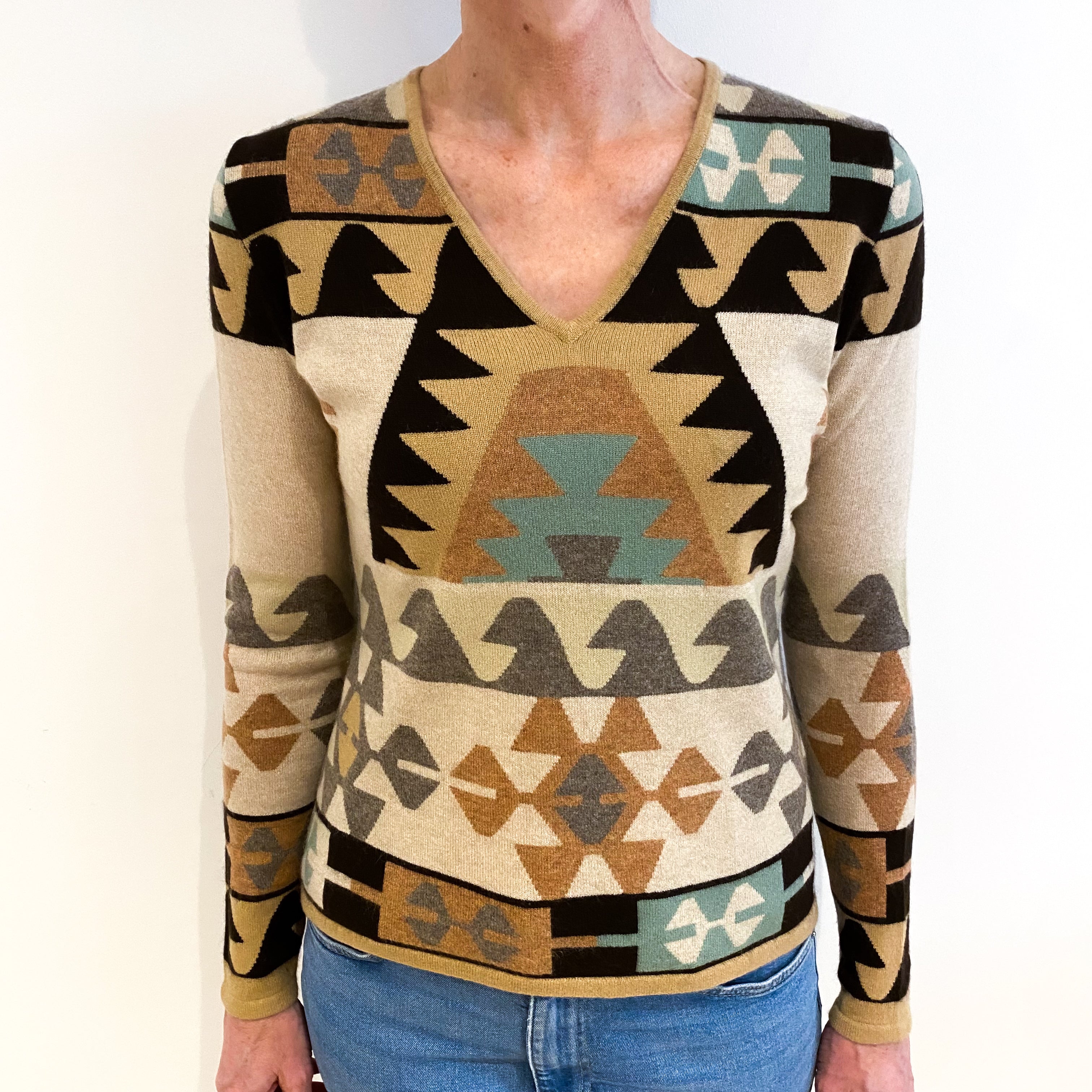 Butterscotch Brown Aztec Patterned Cashmere V Neck Jumper Small