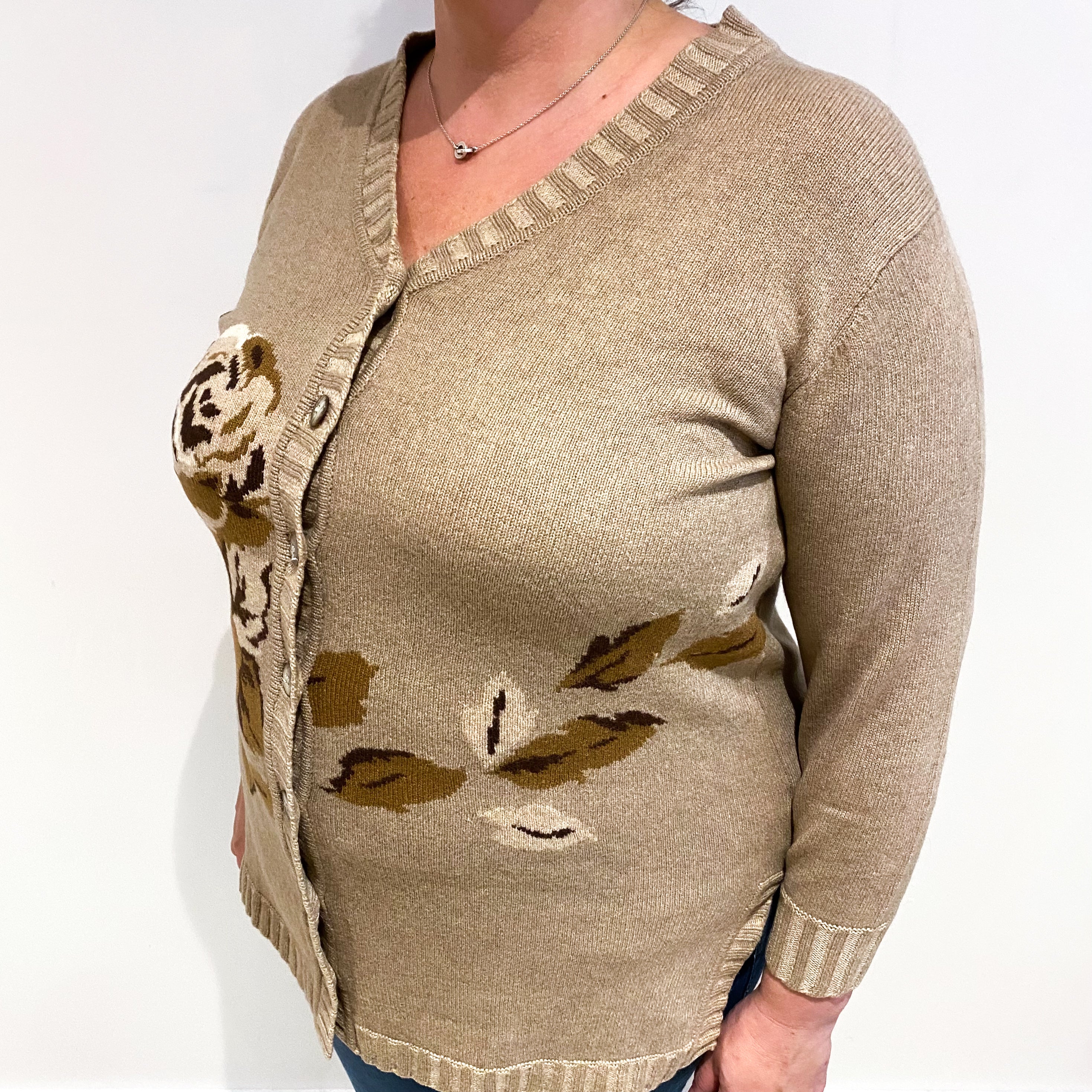 Fudge Brown Floral Cashmere V Neck Cardigan Extra Large