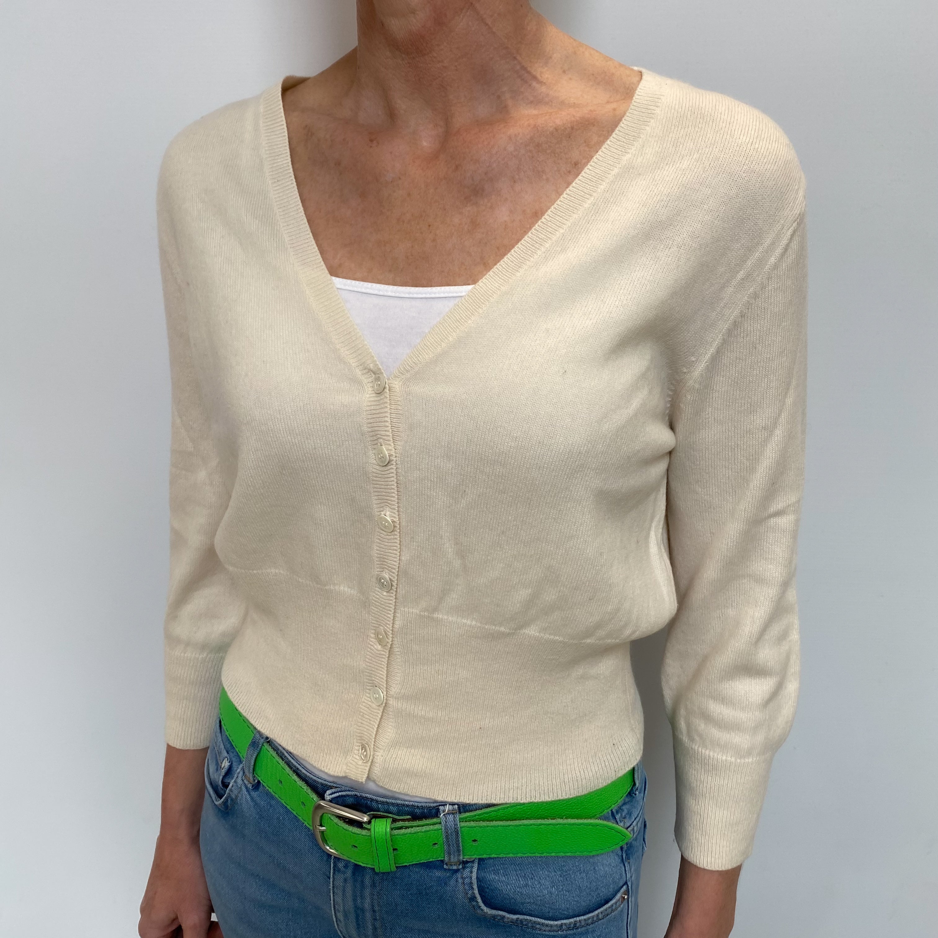 Vanilla Cream Cashmere Cropped V Neck Cardigan Small